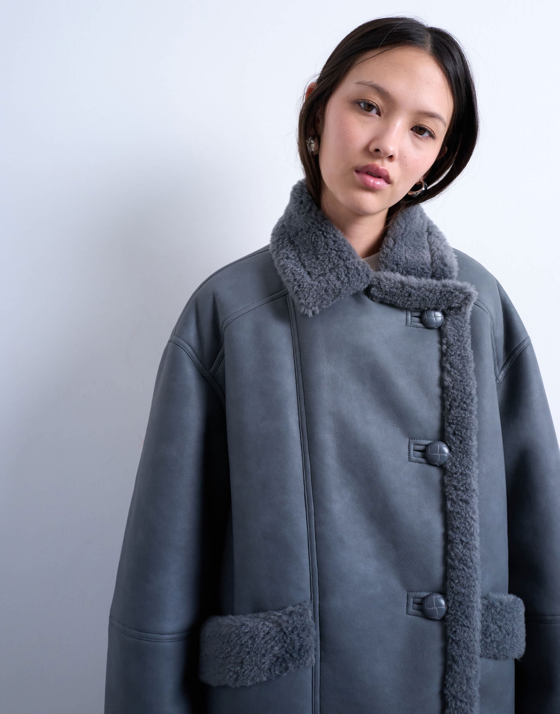 Topshop shearling super oversized car coat in grey