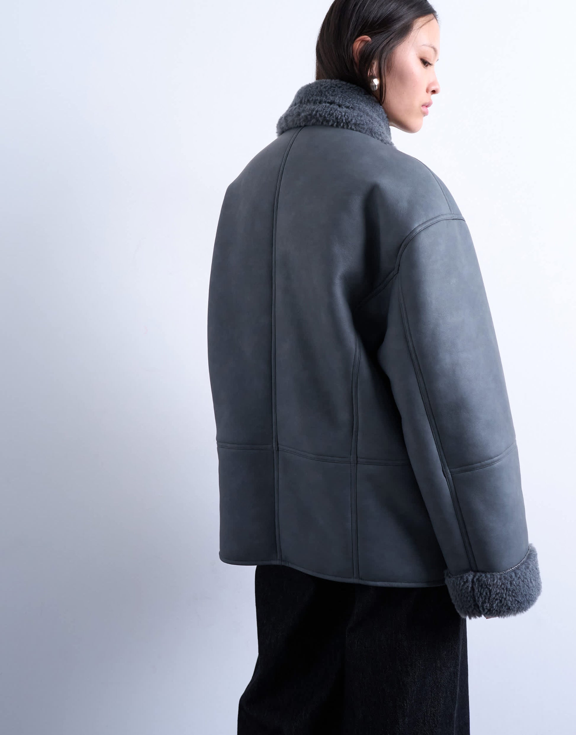 Topshop shearling super oversized car coat in grey