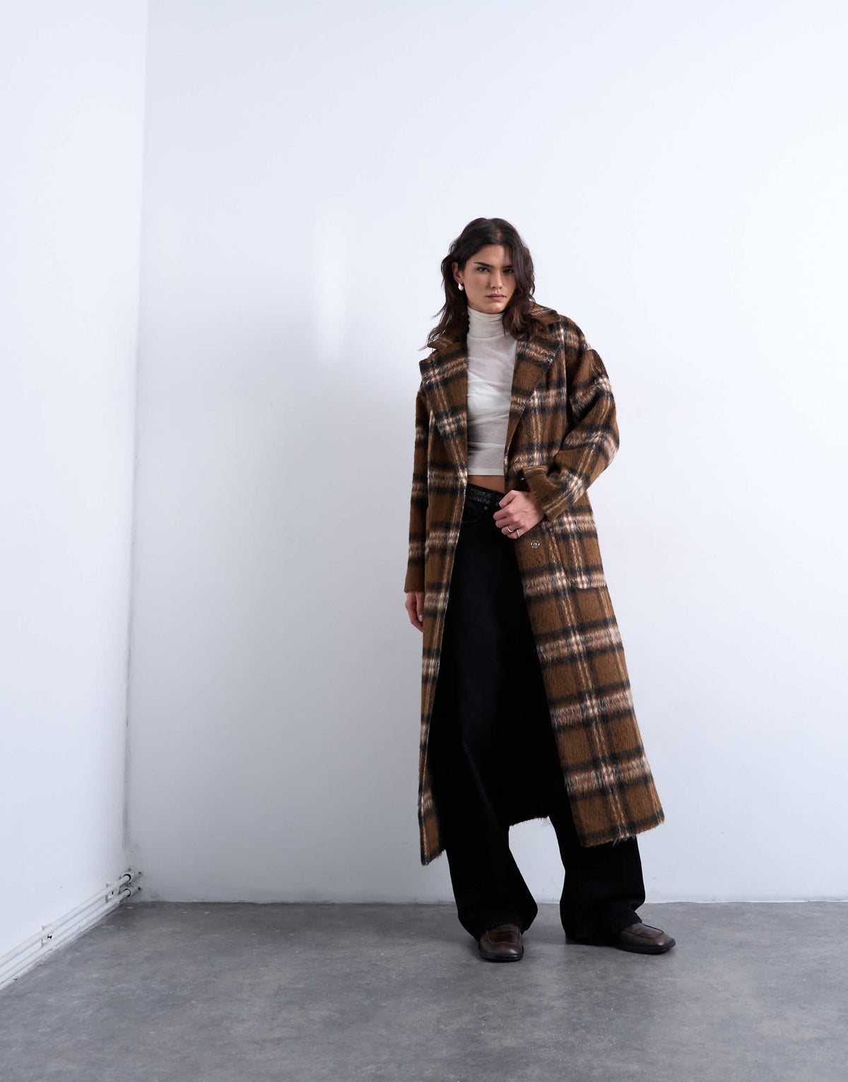 Topshop brushed formal coat in brown check