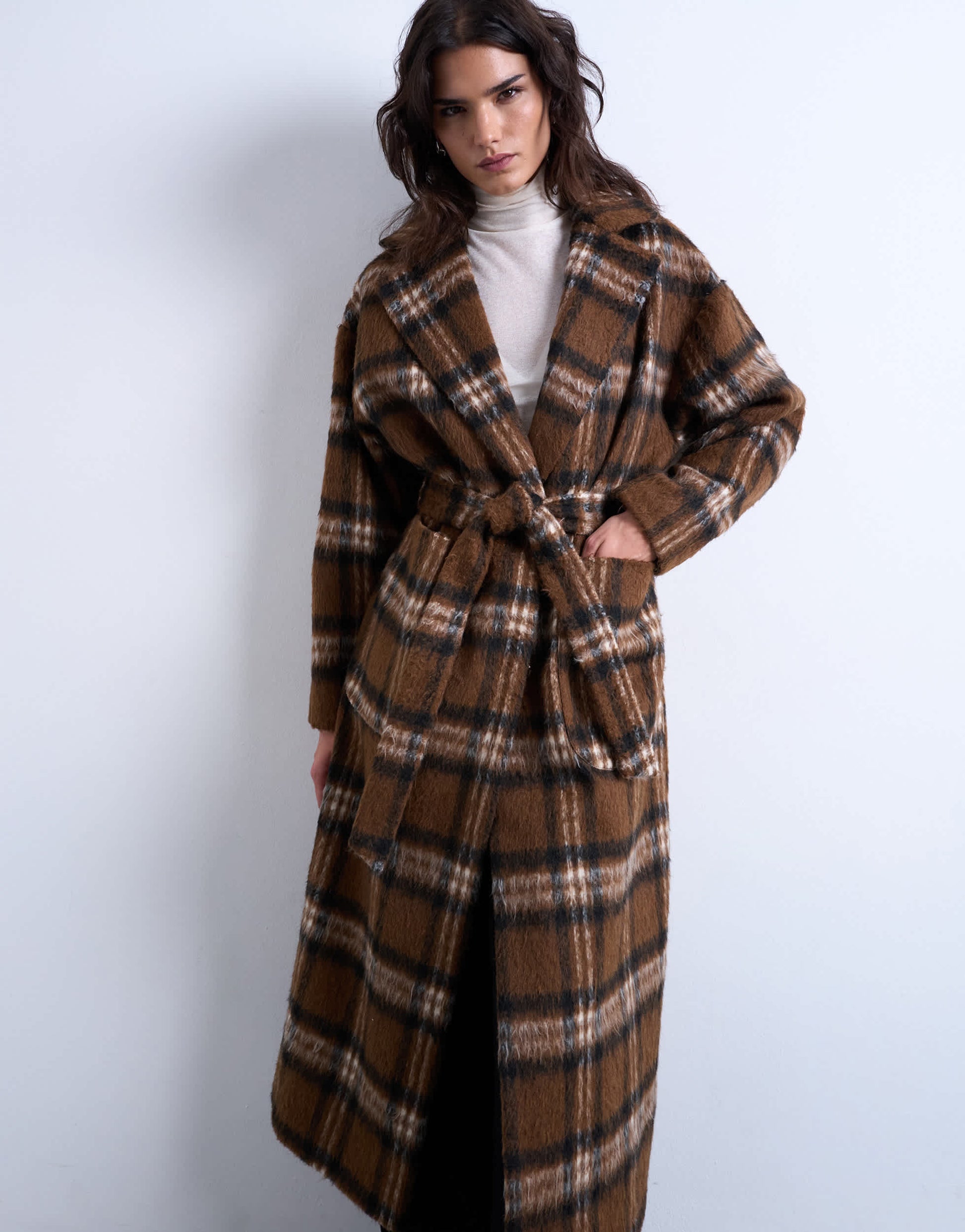 Topshop brushed formal coat in brown check