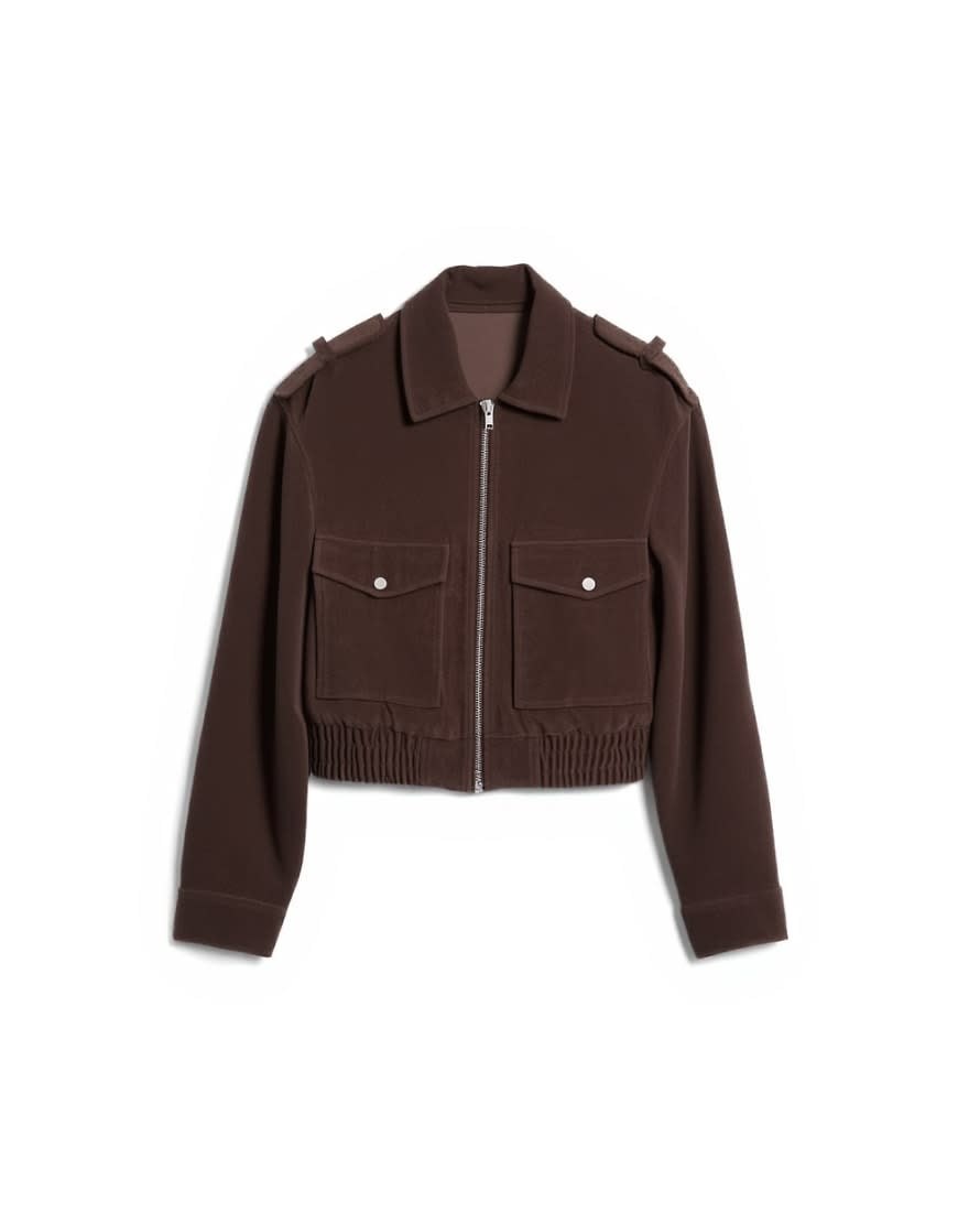 Topshop faux suede bomber jacket with popper details in chocolate
