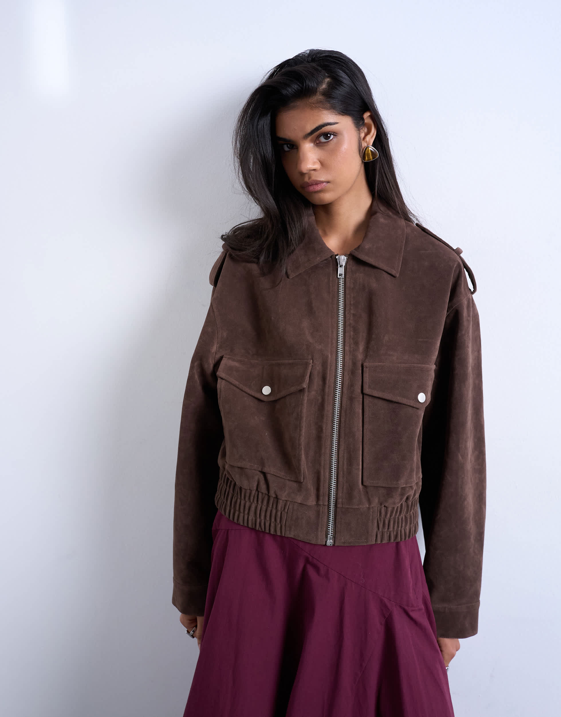 Topshop faux suede bomber jacket with popper details in chocolate