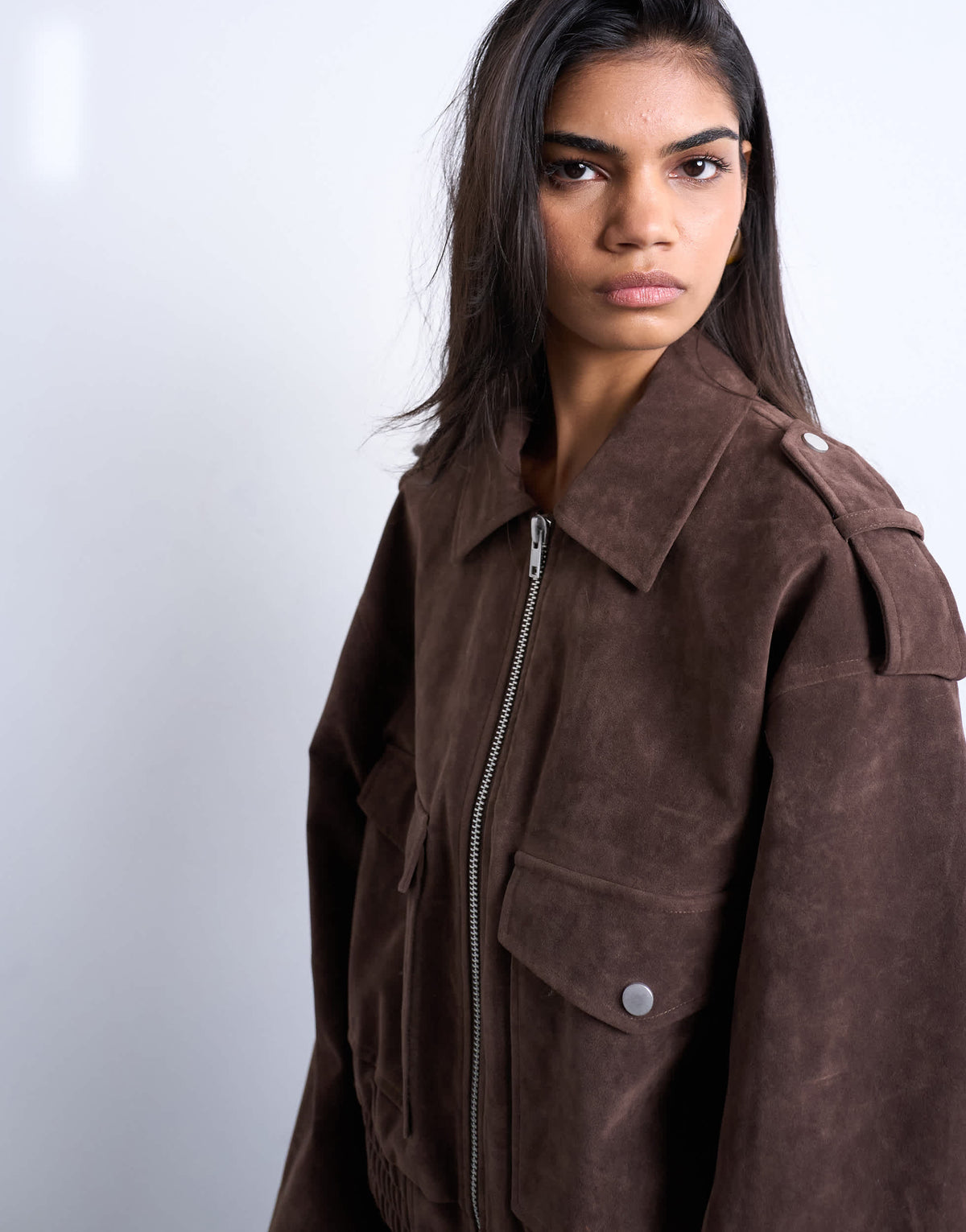 Topshop faux suede bomber jacket with popper details in chocolate