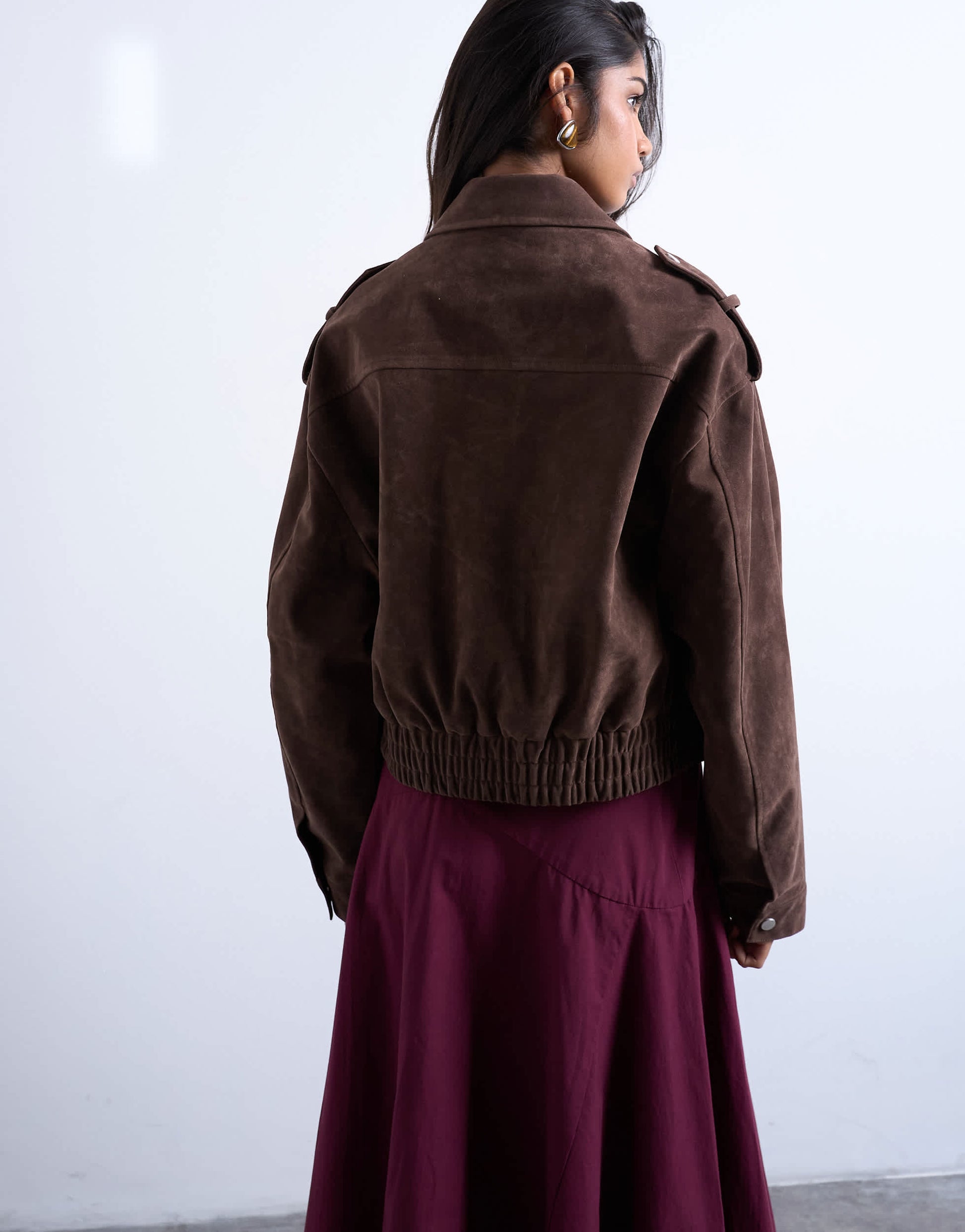 Topshop faux suede bomber jacket with popper details in chocolate