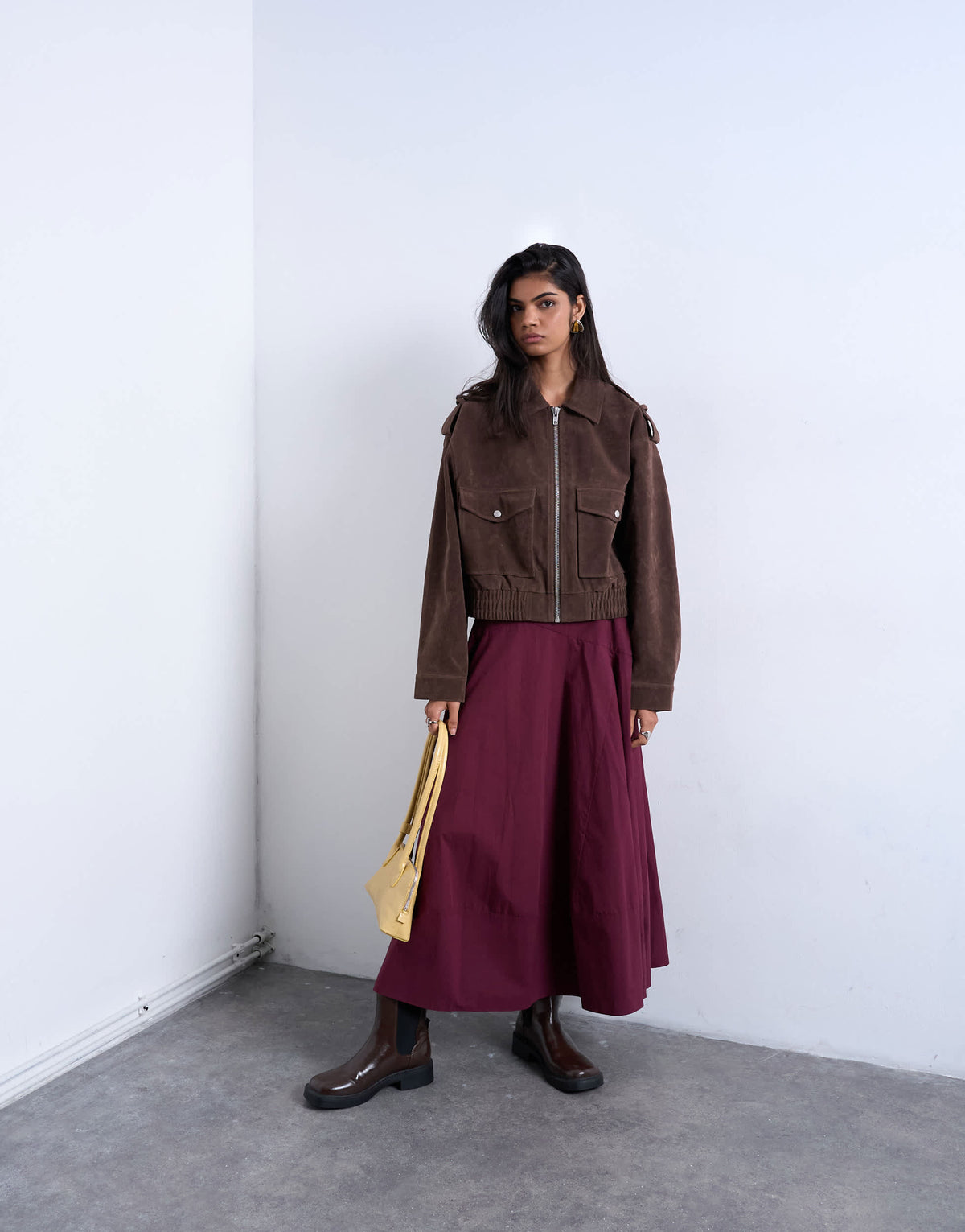 Topshop faux suede bomber jacket with popper details in chocolate
