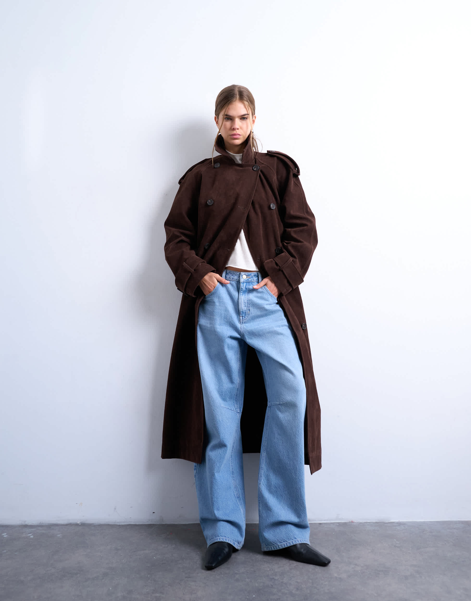 Topshop longline oversized faux suede trench coat in chocolate