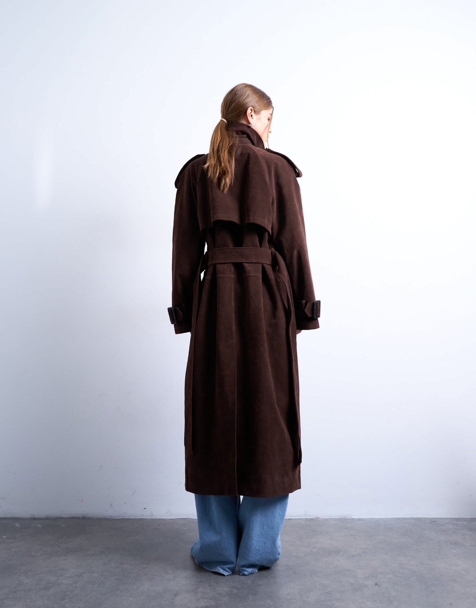 Topshop longline oversized faux suede trench coat in chocolate