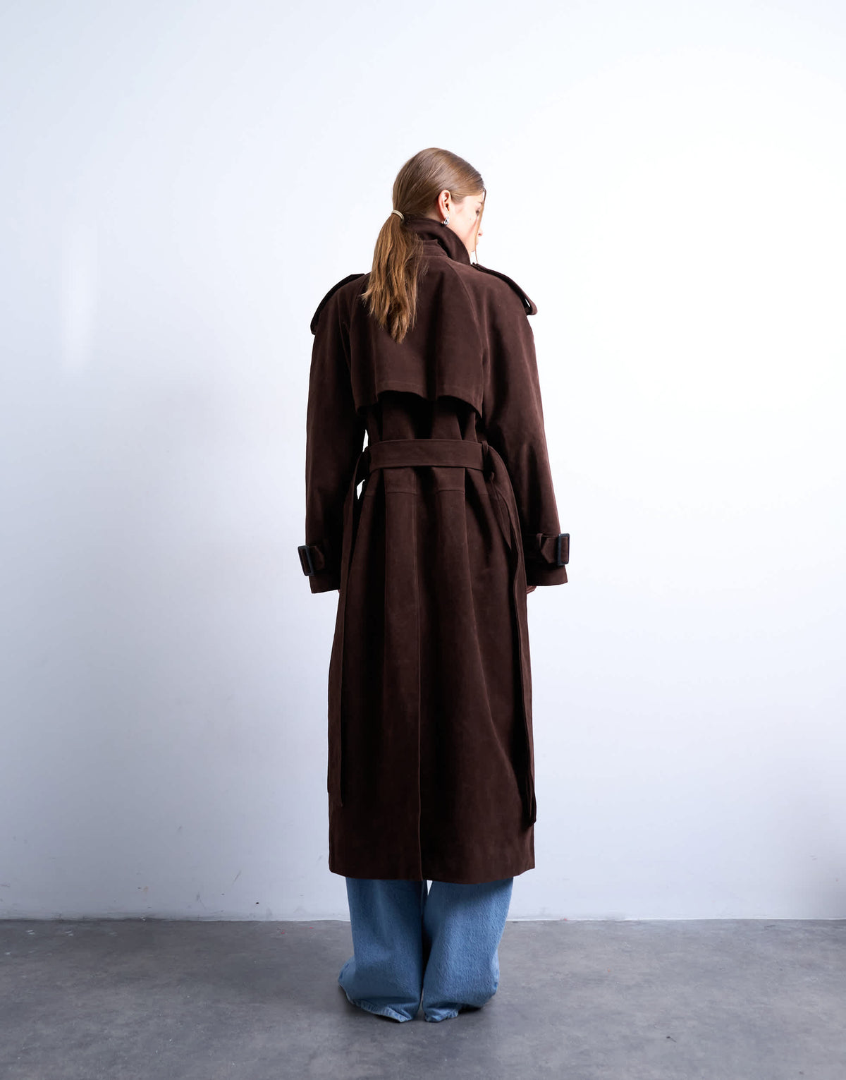 Topshop longline oversized faux suede trench coat in chocolate