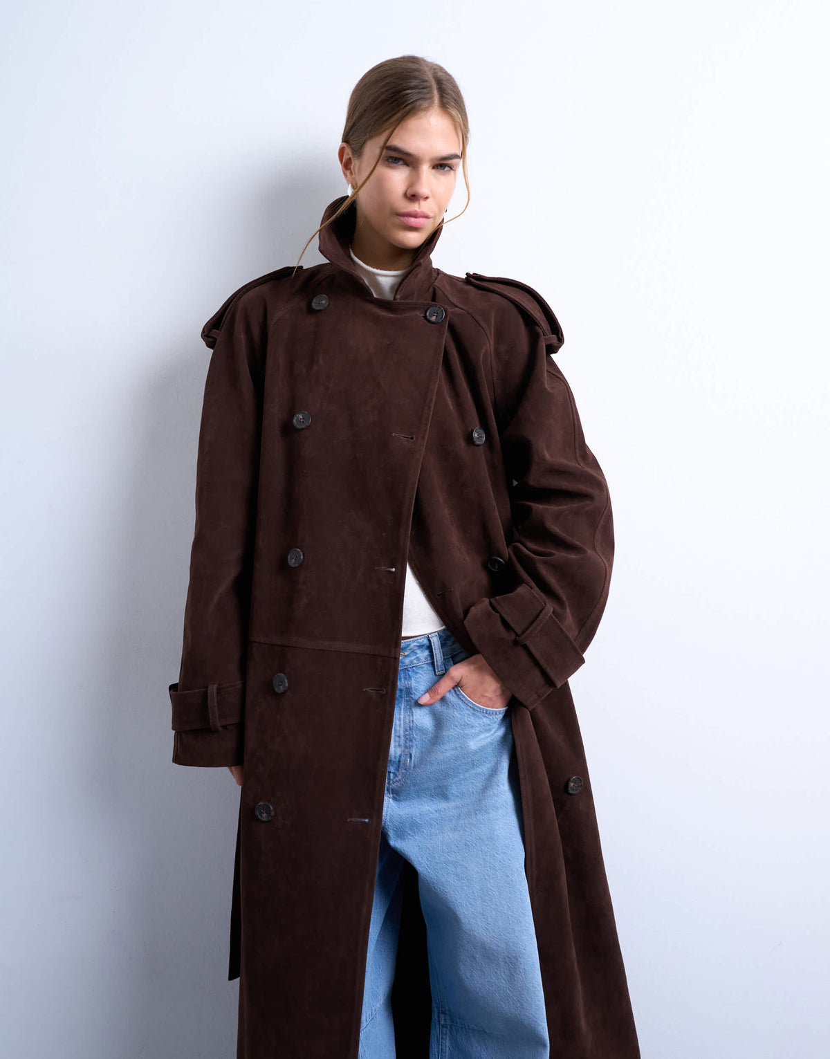 Topshop longline oversized faux suede trench coat in chocolate
