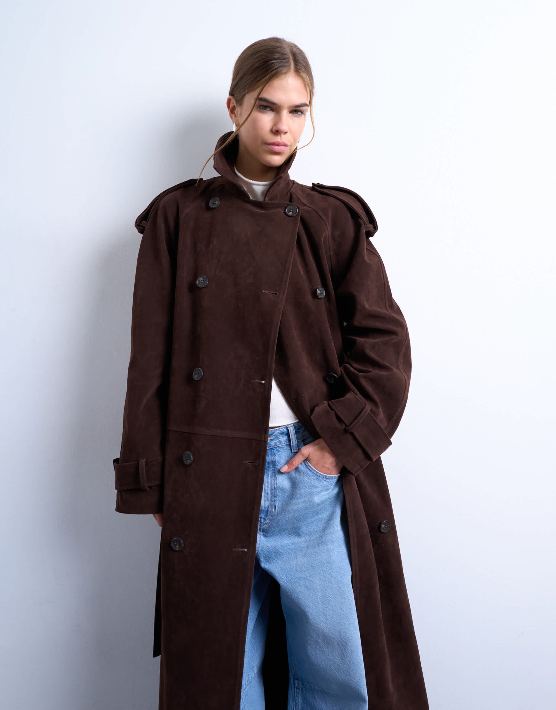 Topshop longline oversized faux suede trench coat in chocolate