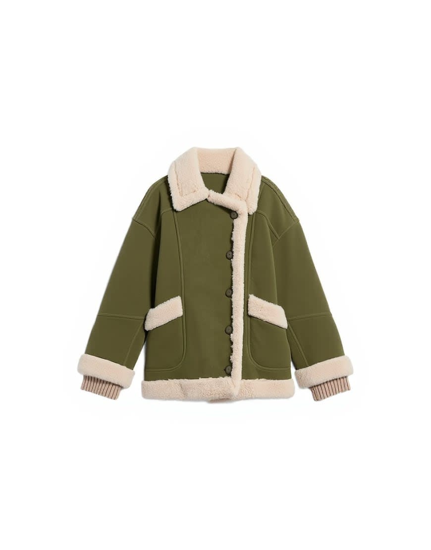 Topshop faux suede shearling oversized car coat in olive green