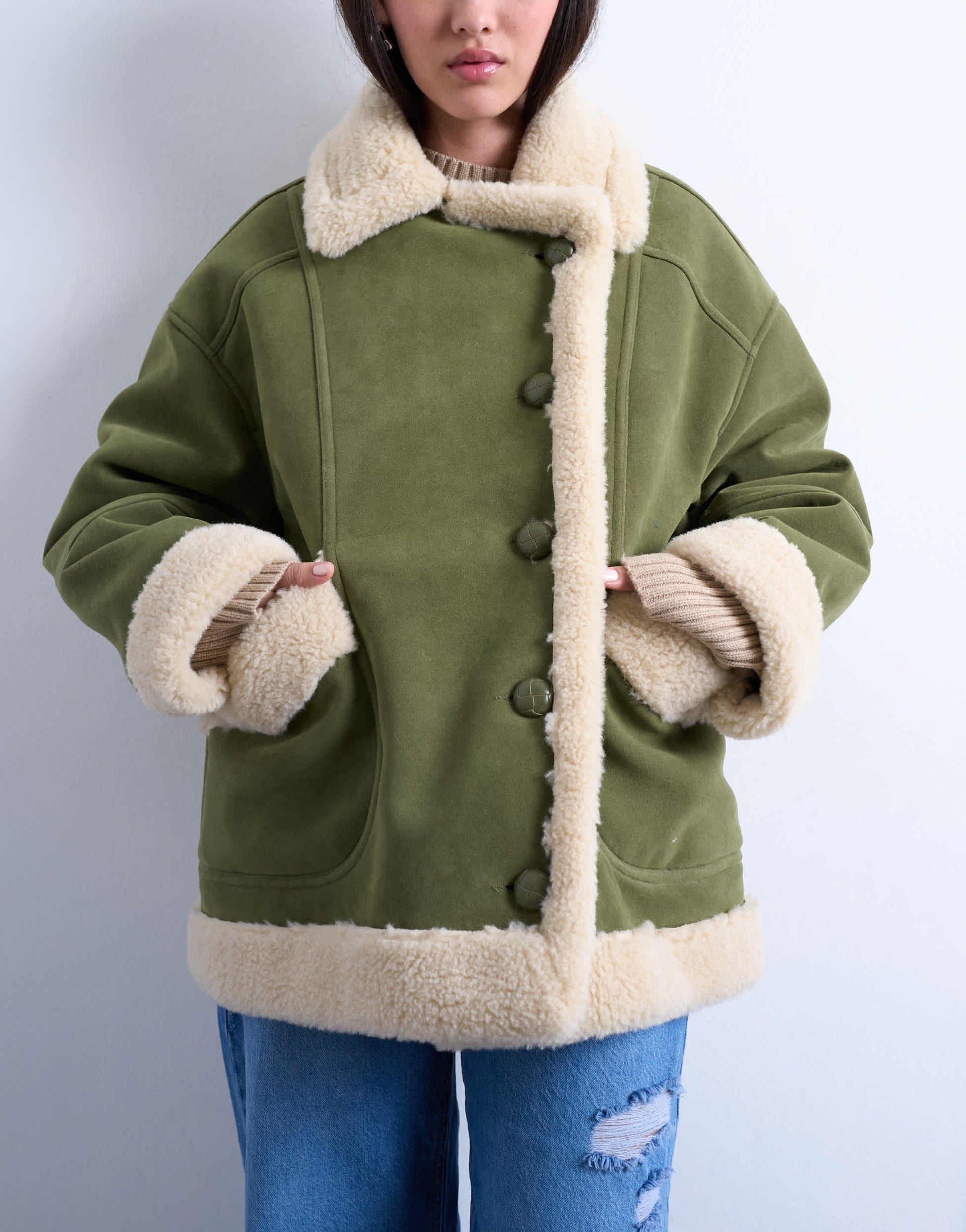 Topshop faux suede shearling oversized car coat in olive green