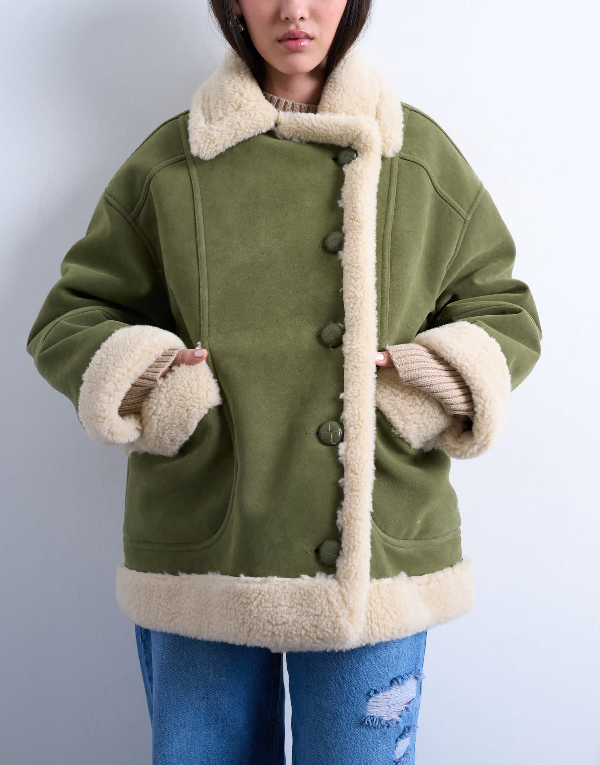 Topshop faux suede shearling oversized car coat in olive green