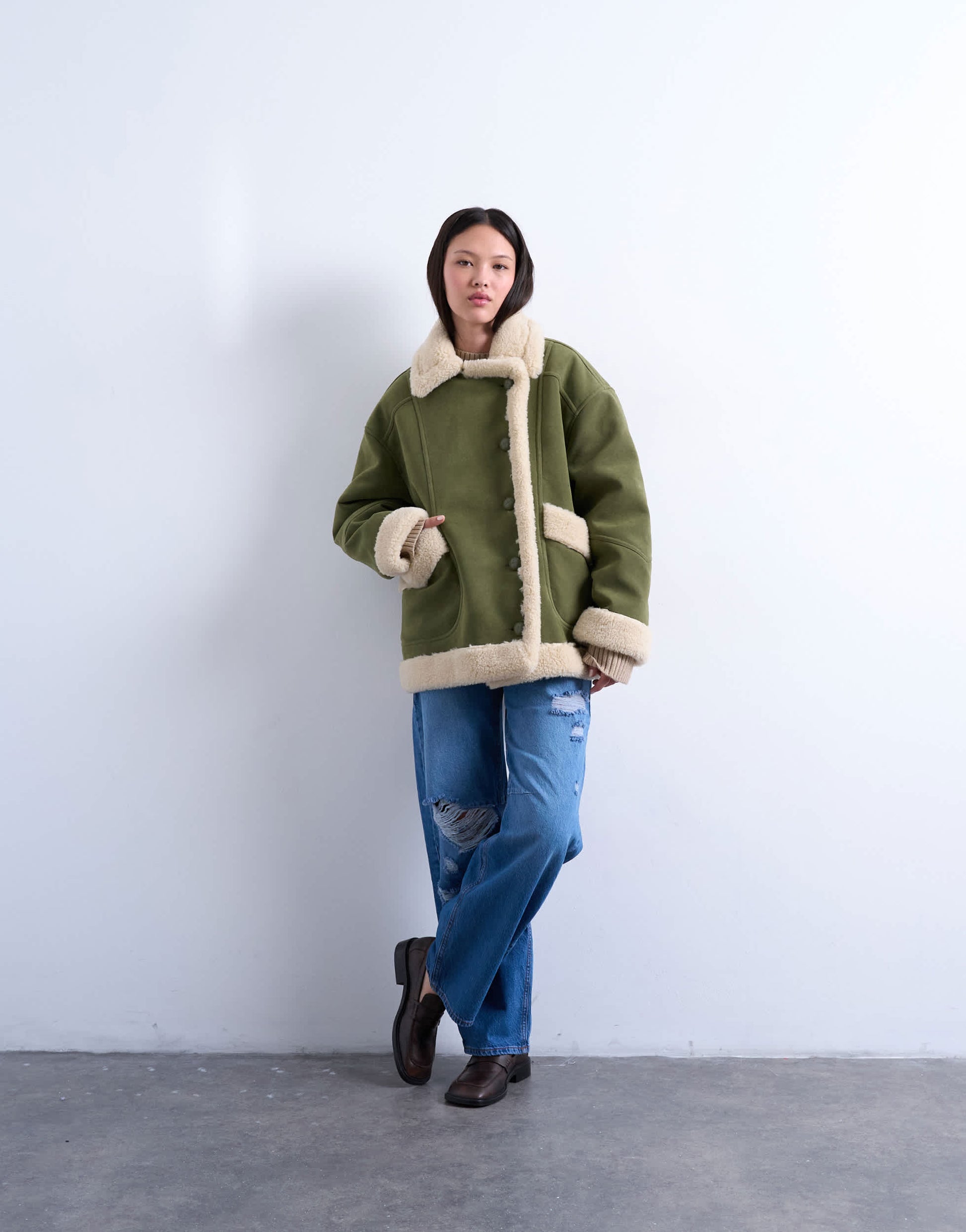 Topshop faux suede shearling oversized car coat in olive green