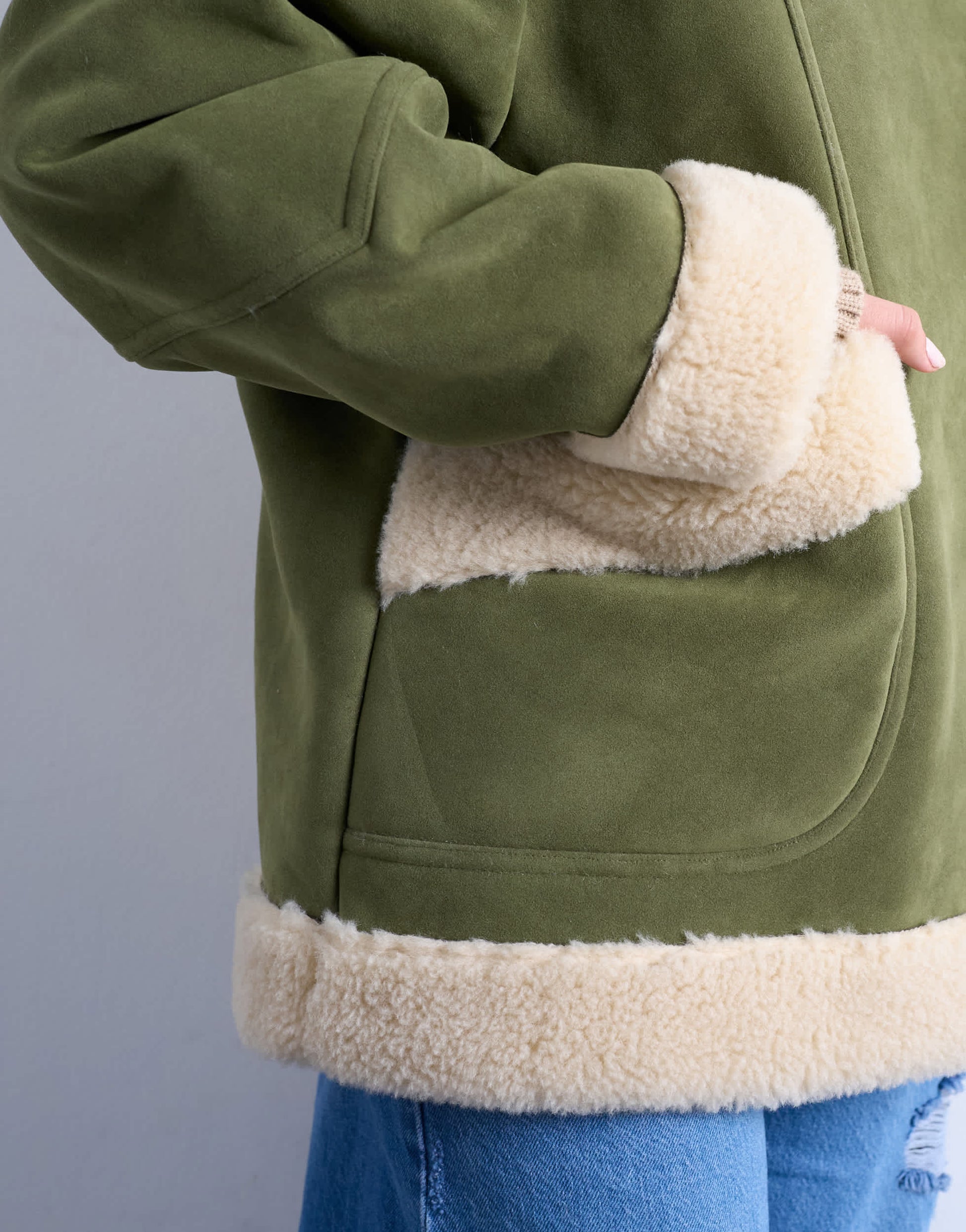 Topshop faux suede shearling oversized car coat in olive green