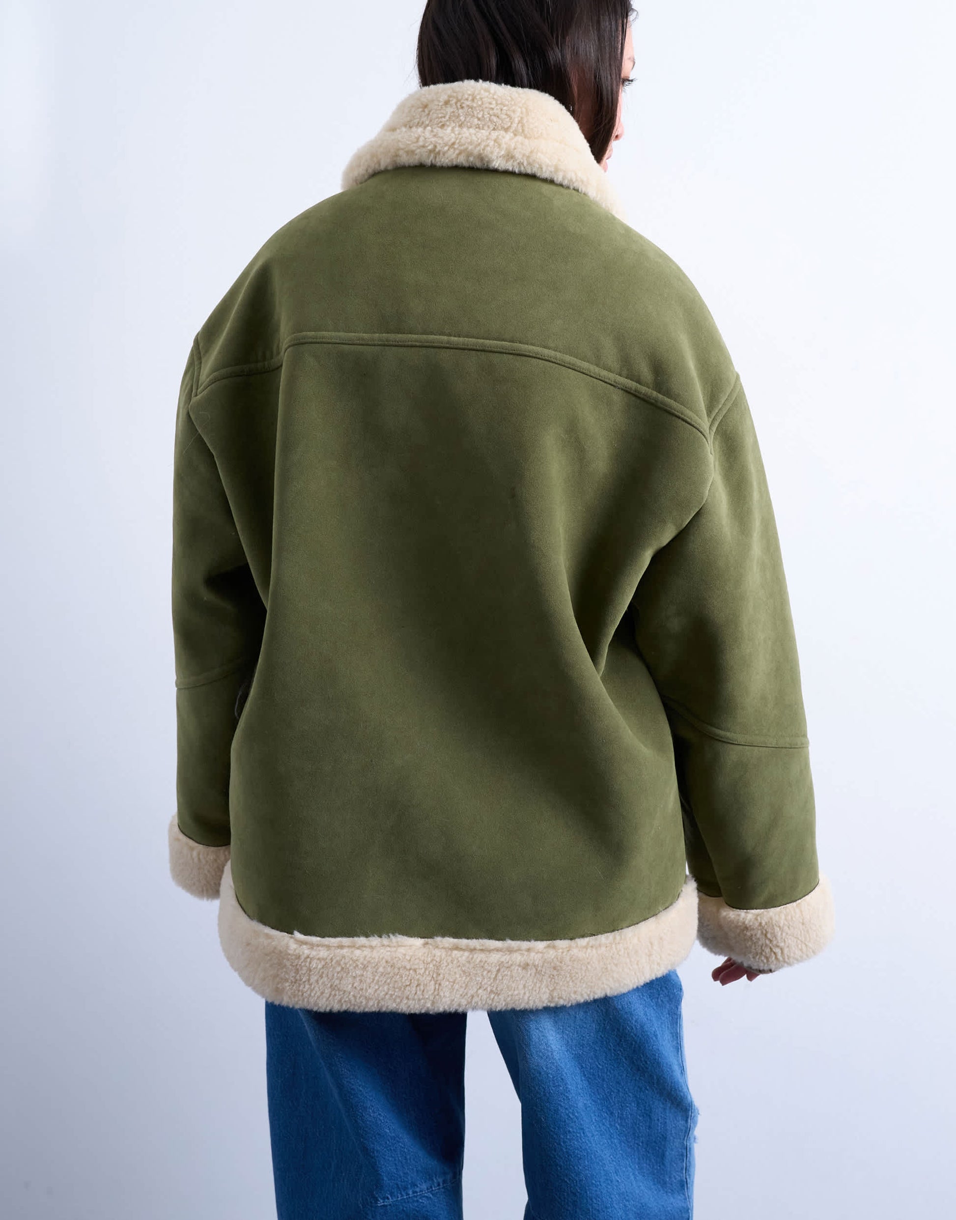 Topshop faux suede shearling oversized car coat in olive green