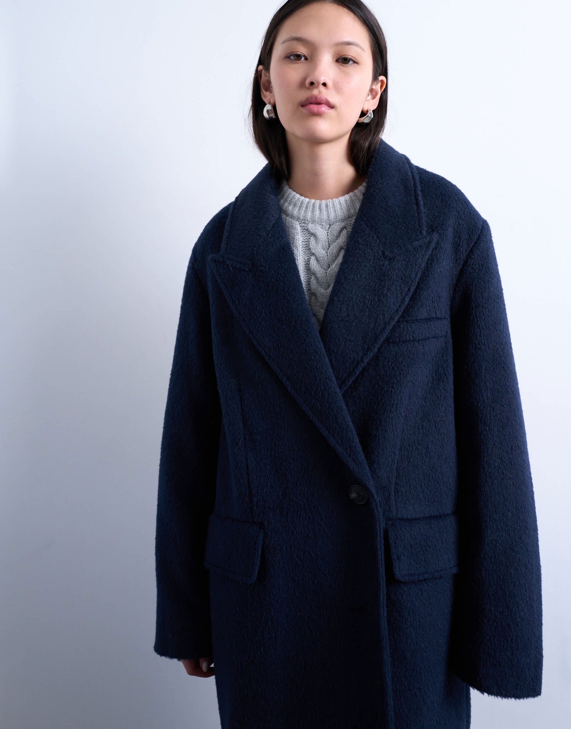 Topshop 3 button brushed coat with wool in navy