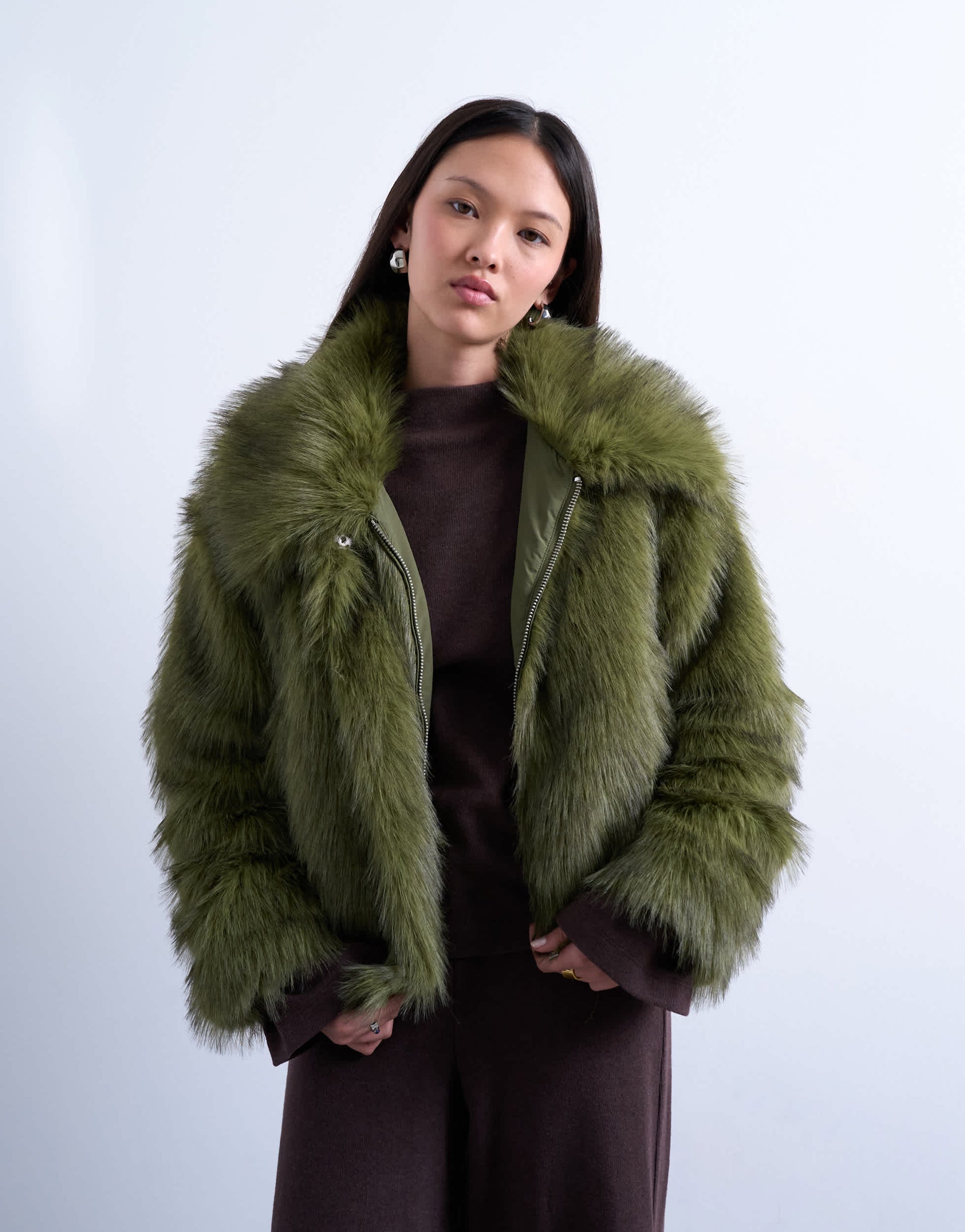 Topshop faux fur zip thru bomber jacket in olive