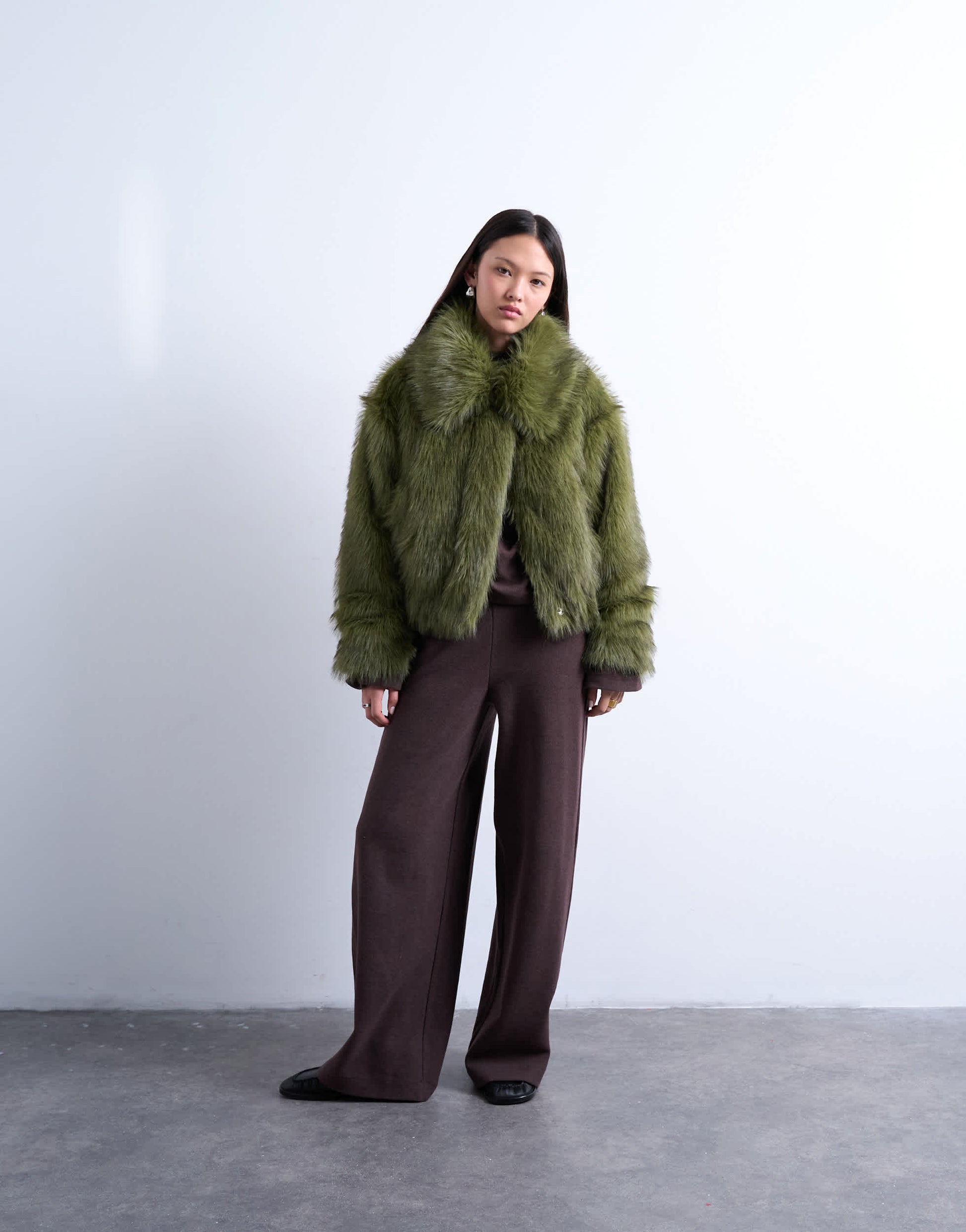 Topshop faux fur zip thru bomber jacket in olive