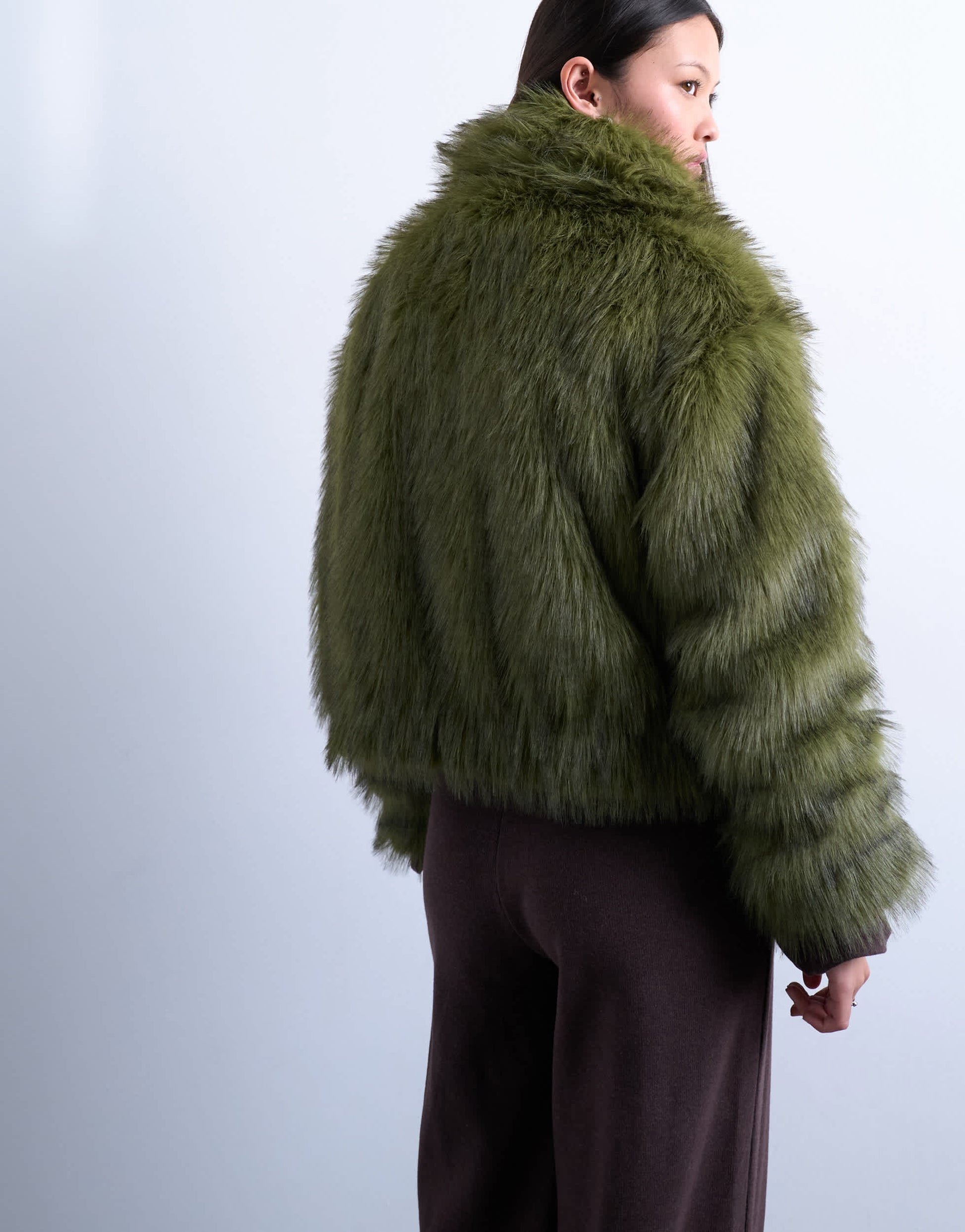 Topshop faux fur zip thru bomber jacket in olive