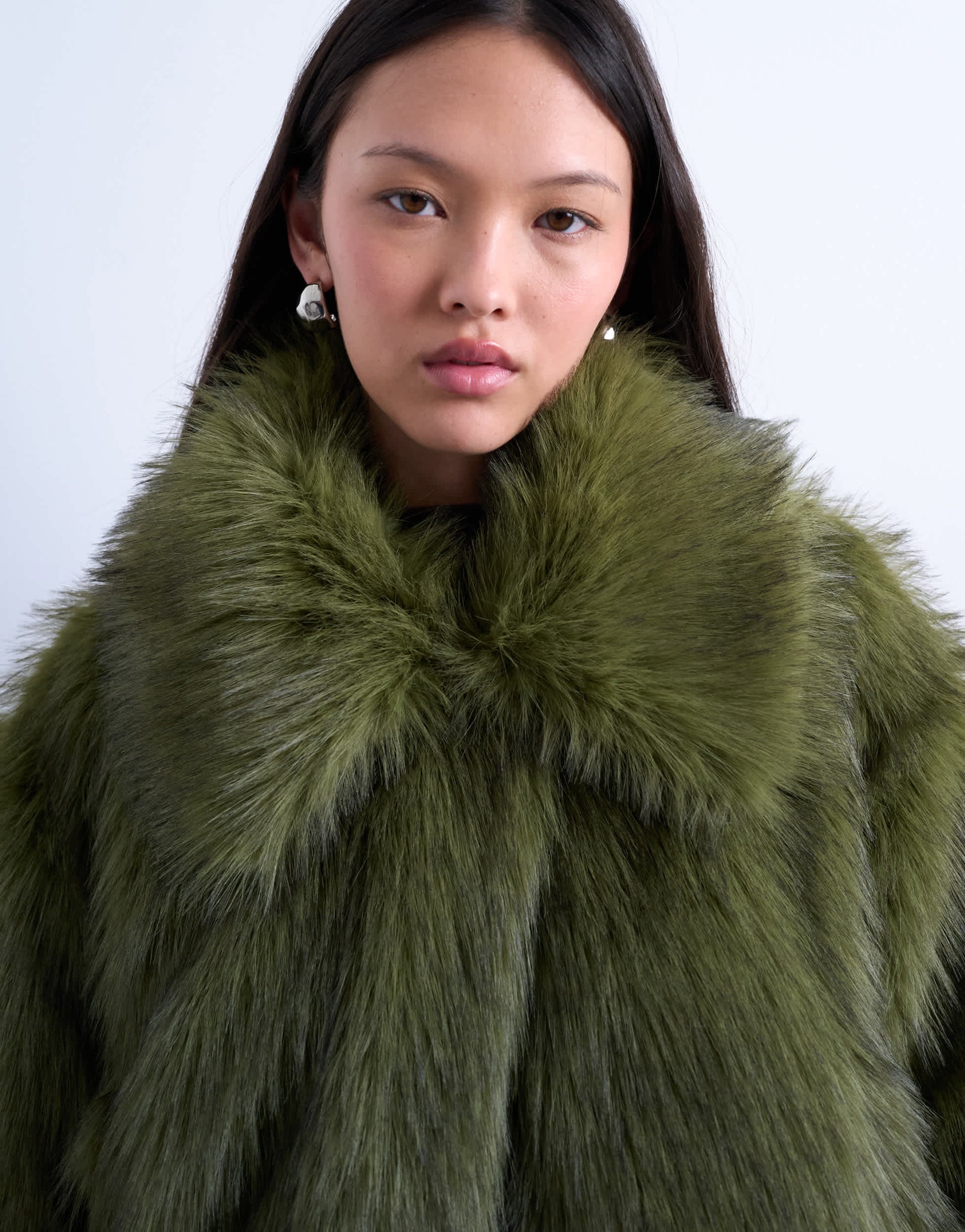 Topshop faux fur zip thru bomber jacket in olive