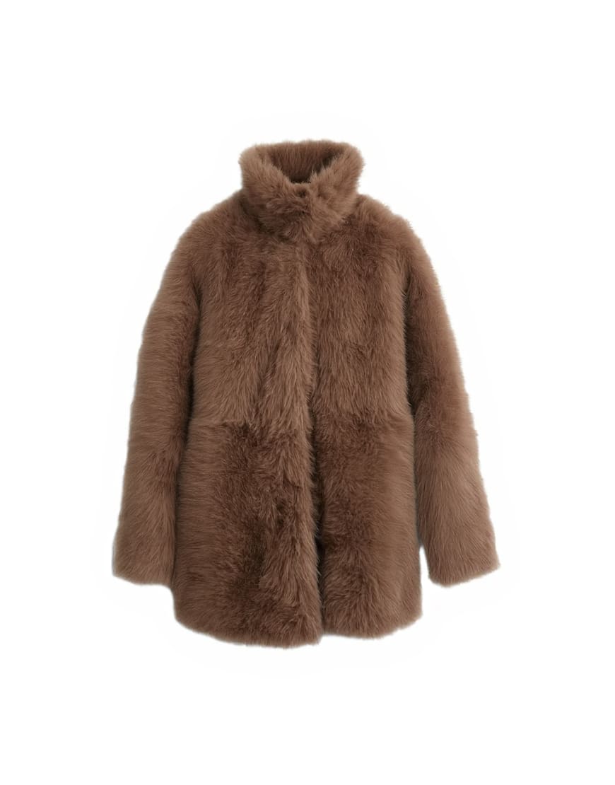 Topshop faux fur funnel neck mid length coat in mink