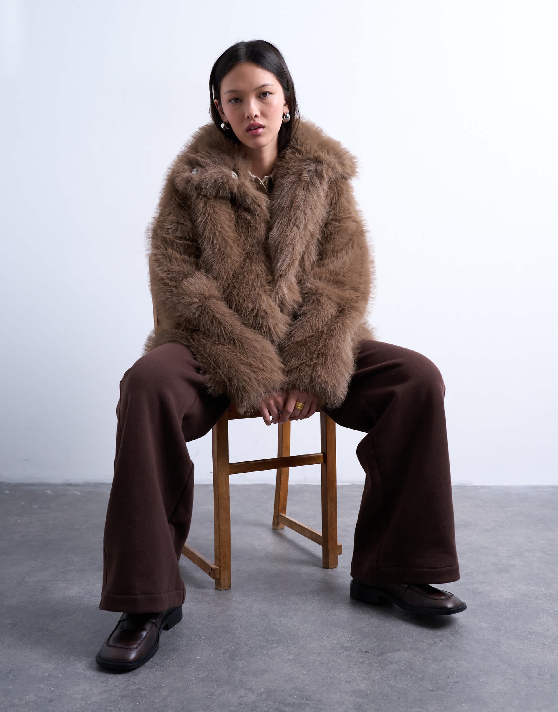 Topshop faux fur funnel neck mid length coat in mink