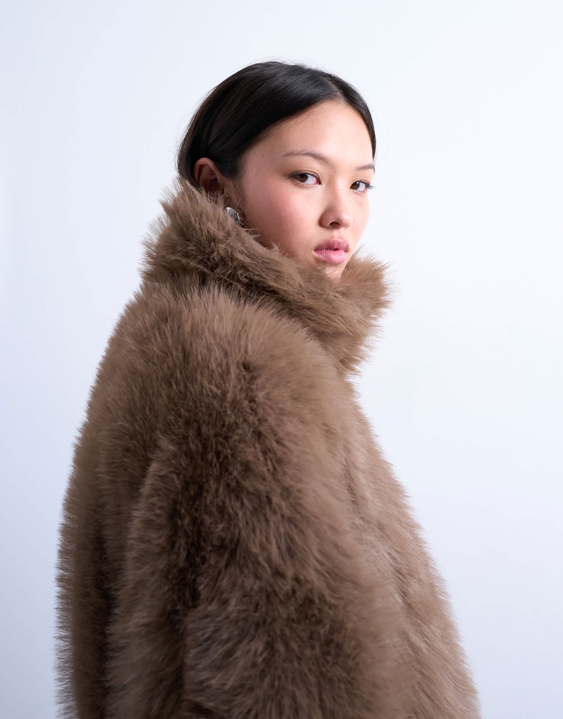 Topshop faux fur funnel neck mid length coat in mink