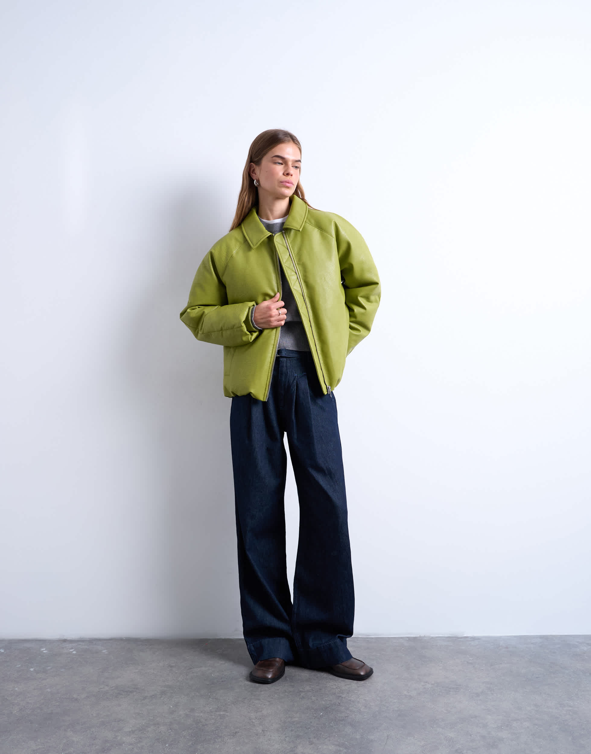 Topshop faux leather padded puffer jacket in sage