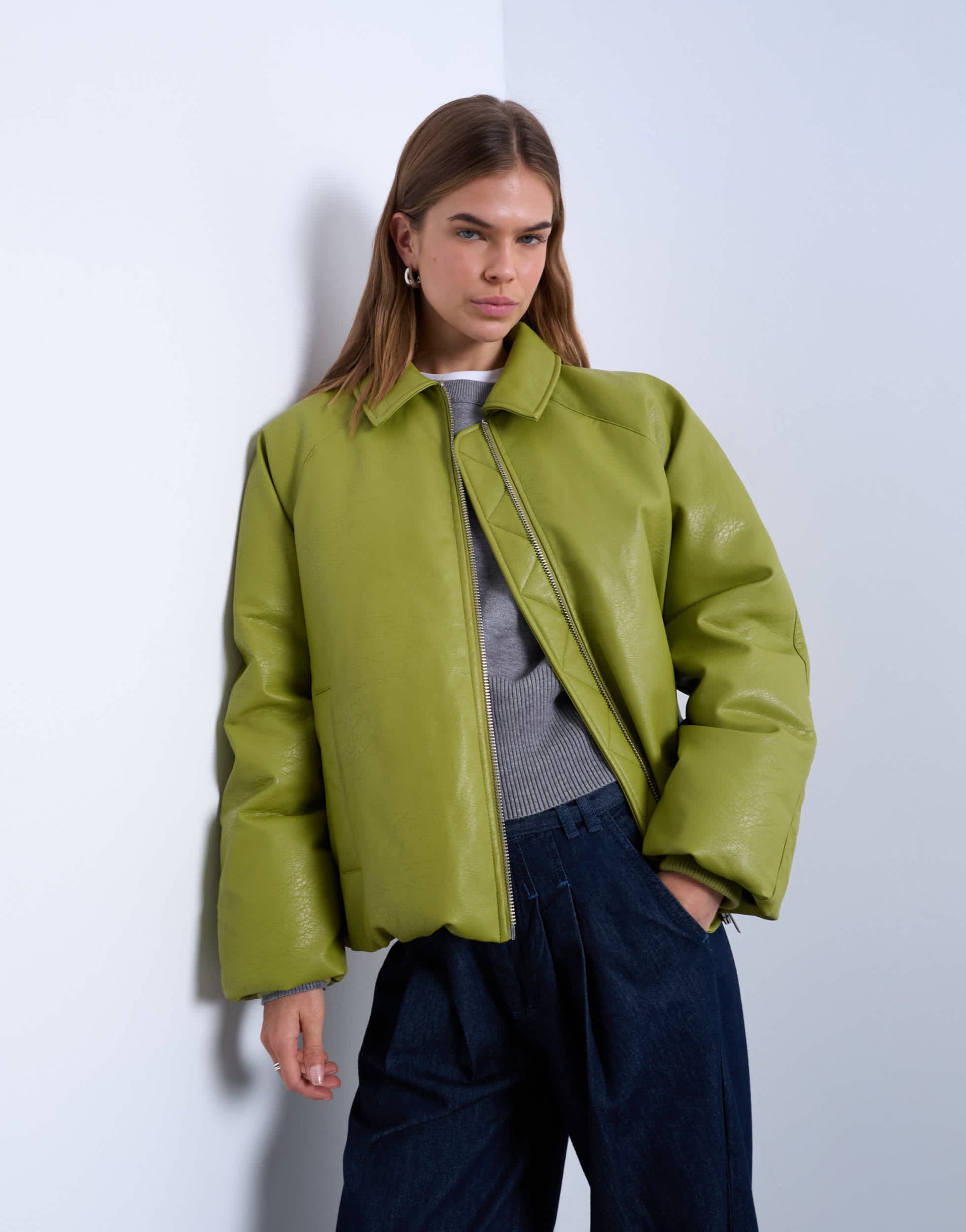 Topshop faux leather padded puffer jacket in sage