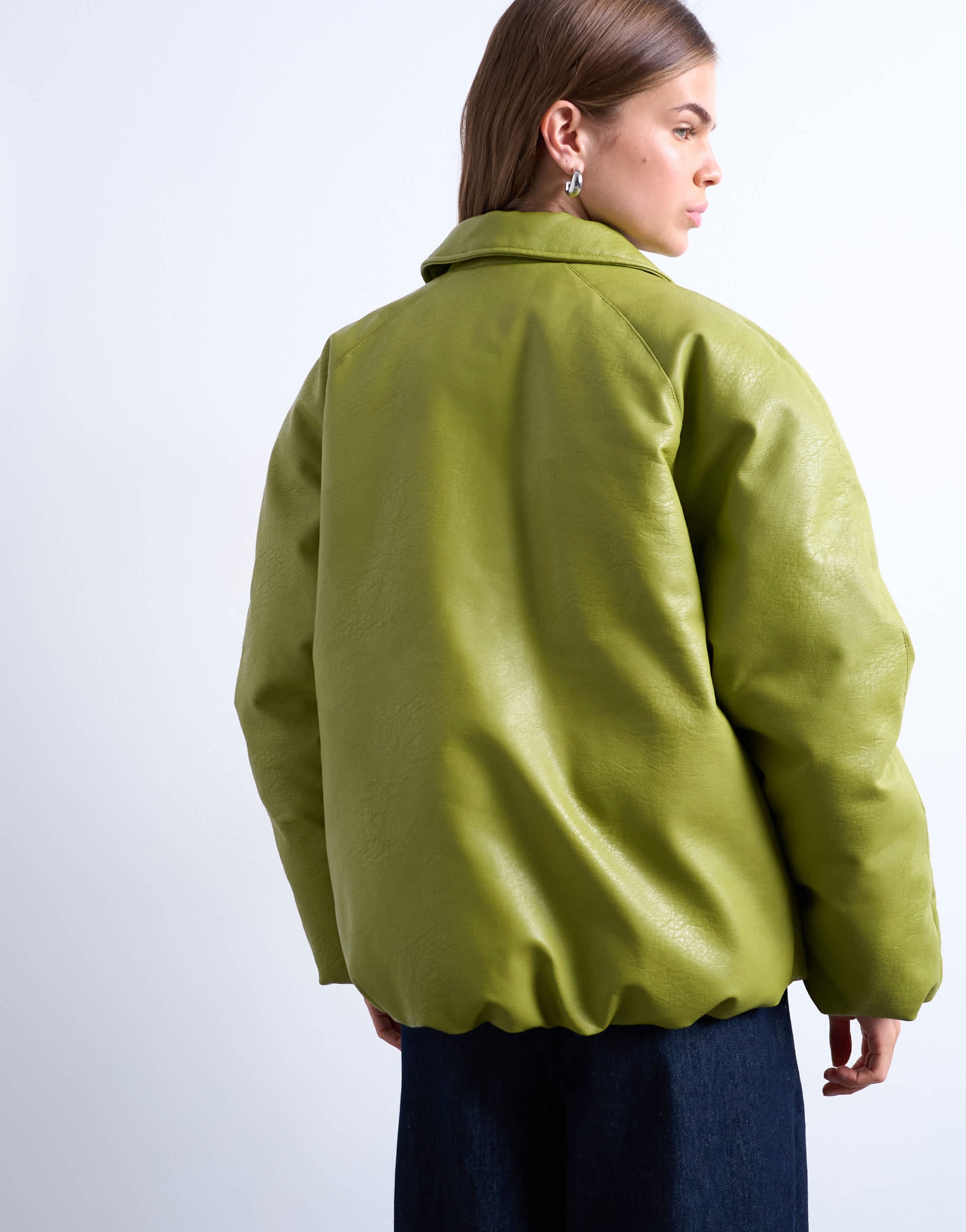 Topshop faux leather padded puffer jacket in sage