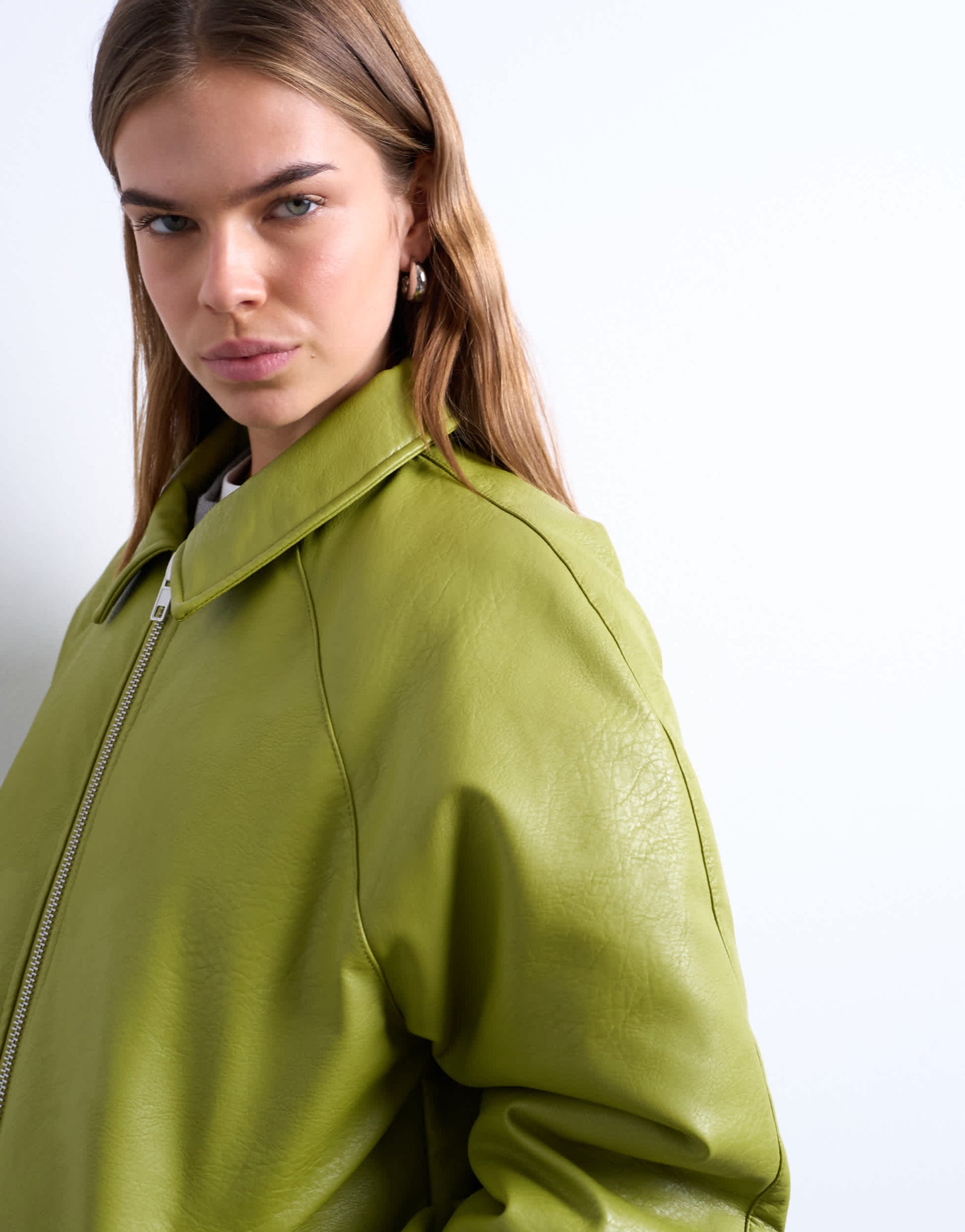 Topshop faux leather padded puffer jacket in sage