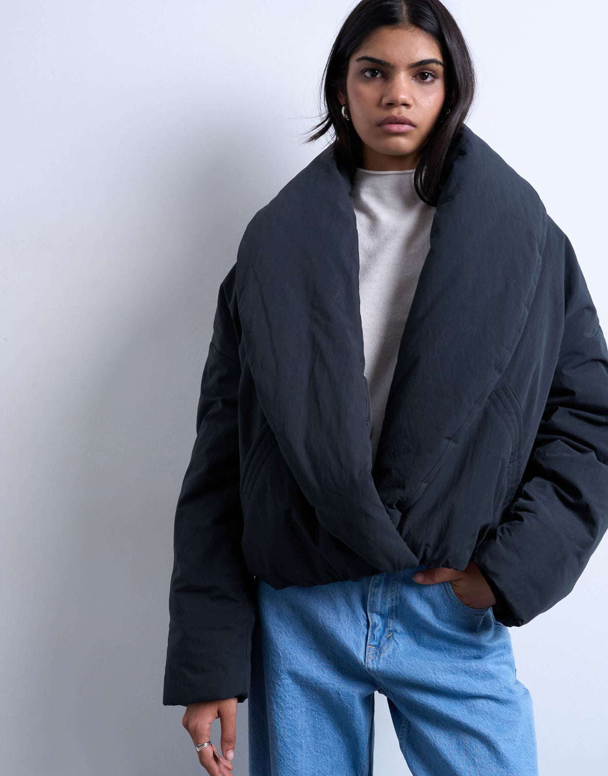 Topshop padded shawl puffer jacket in washed black