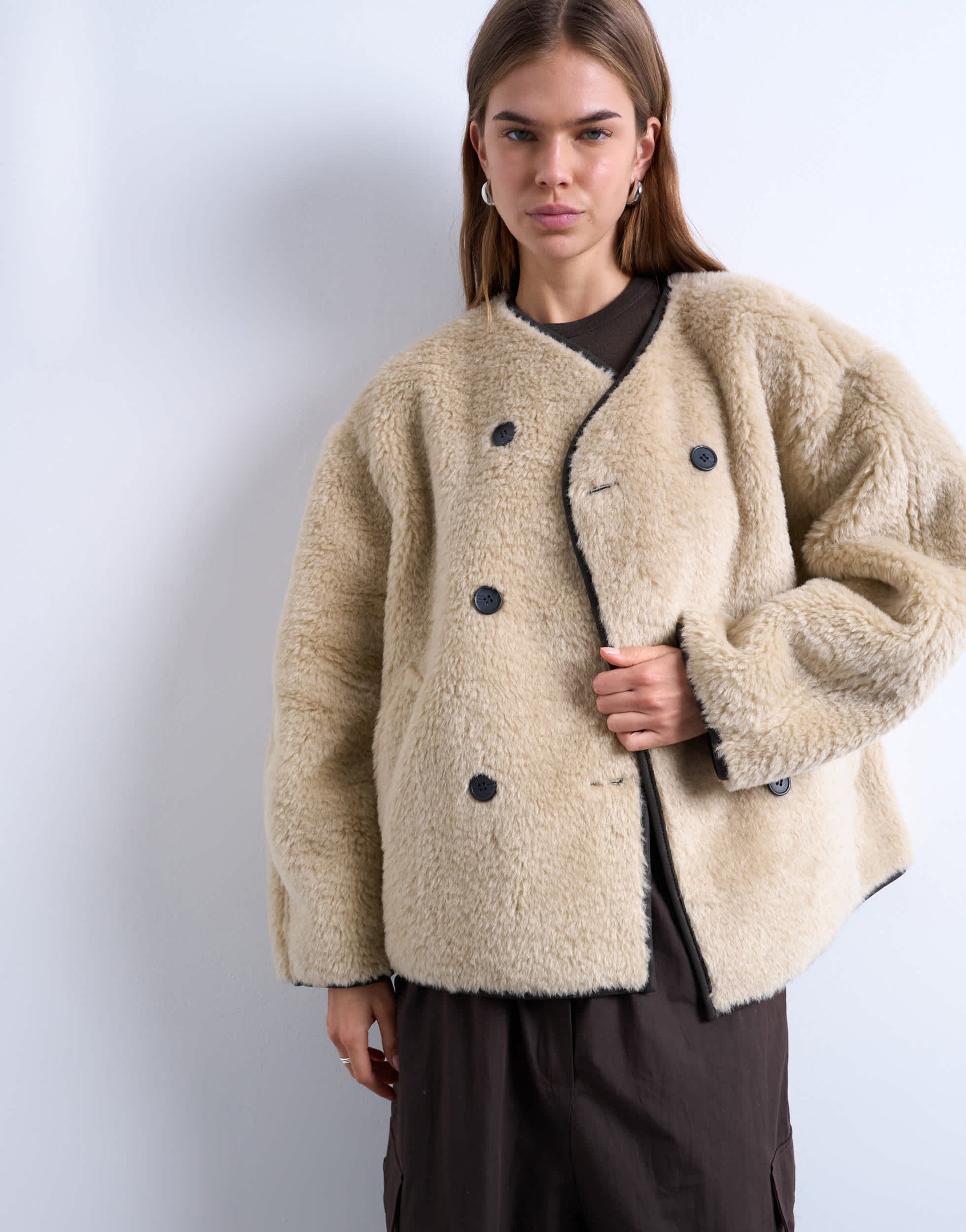 Topshop ovoid short shearling double breasted jacket in cream