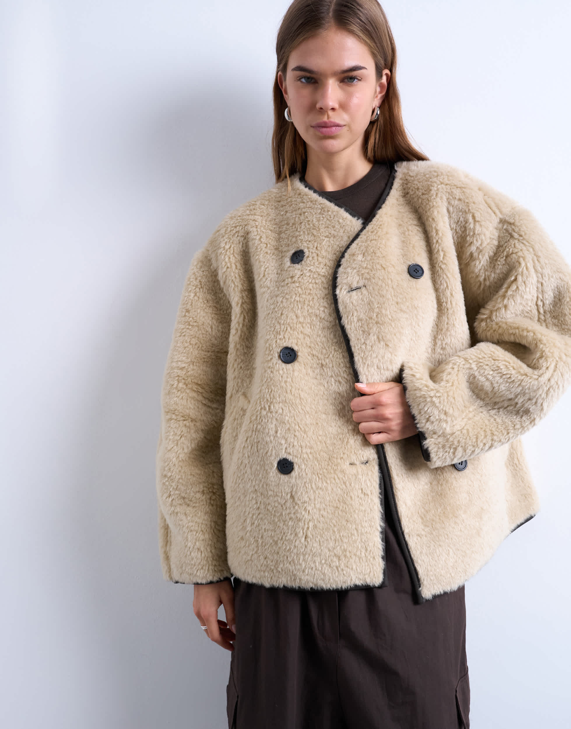 Topshop ovoid short shearling double breasted jacket in cream