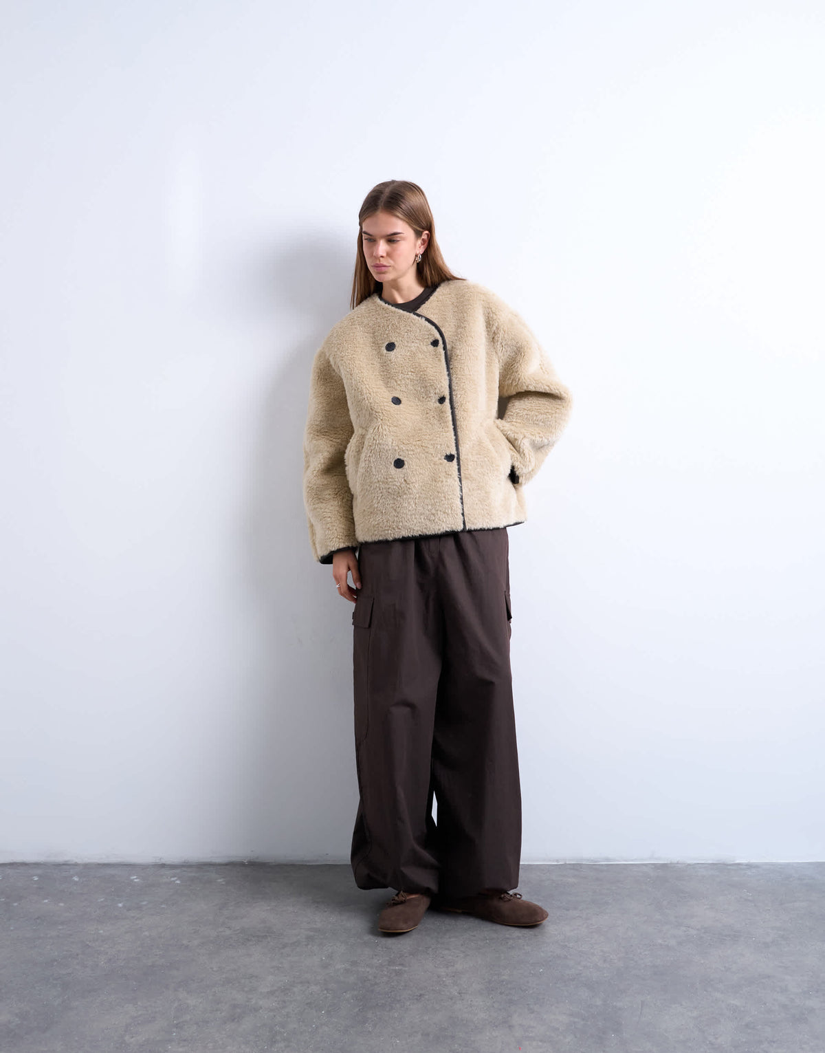 Topshop ovoid short shearling double breasted jacket in cream