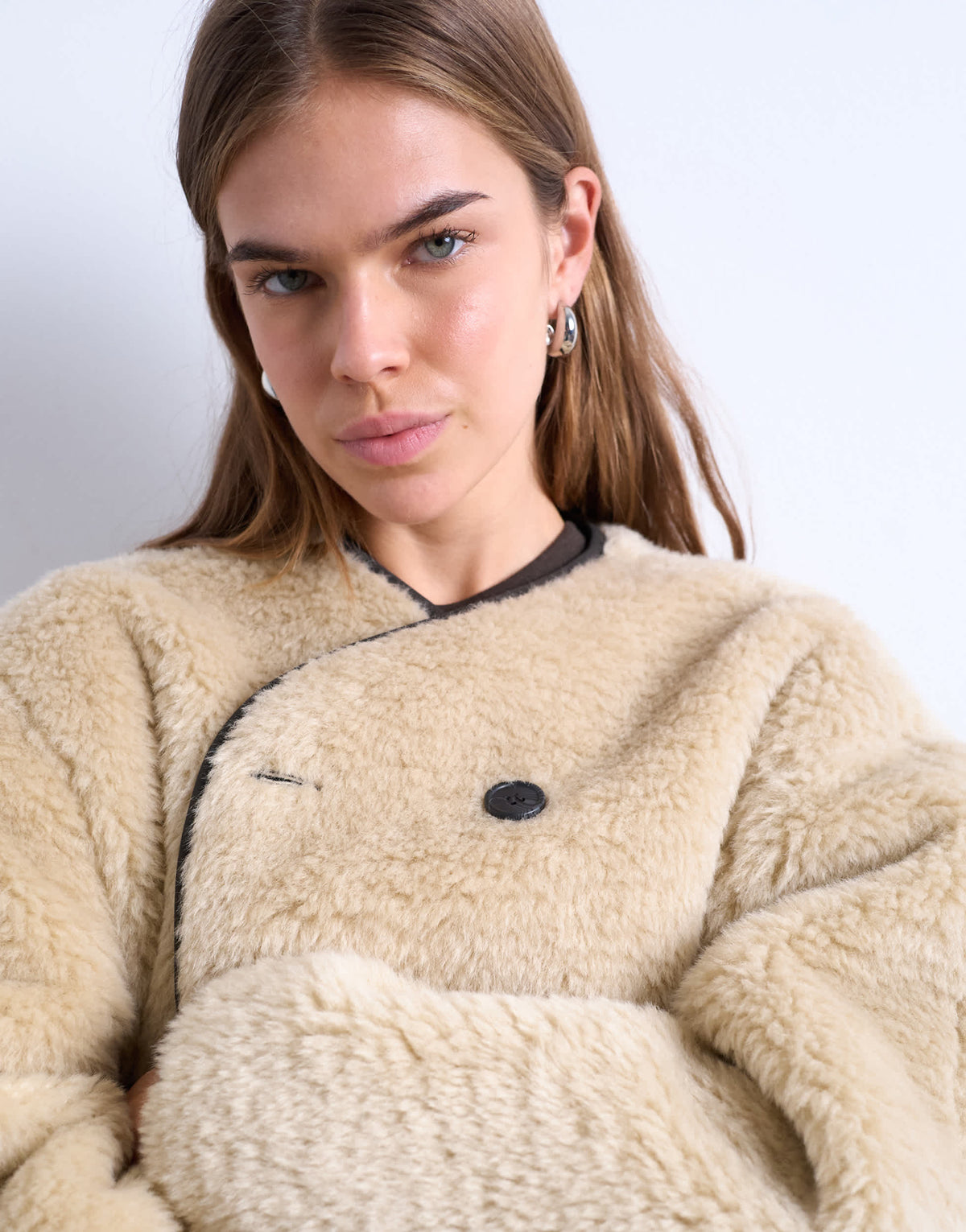 Topshop ovoid short shearling double breasted jacket in cream