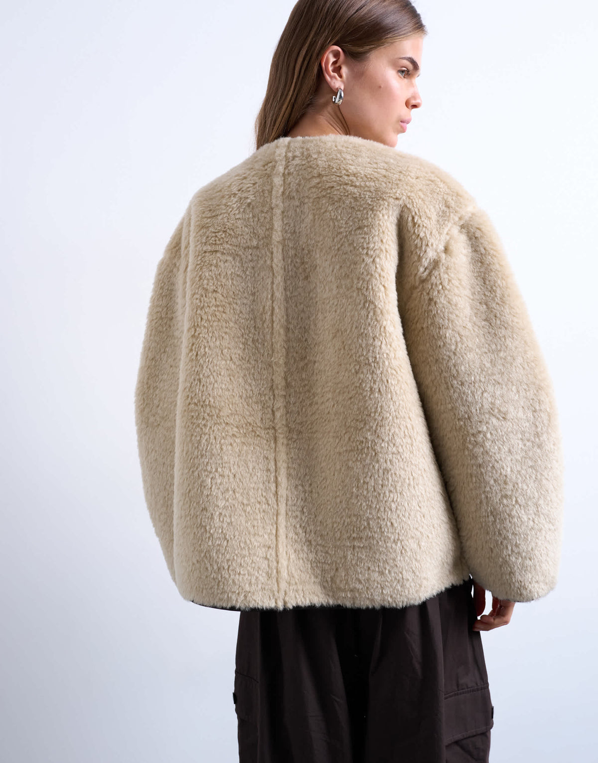 Topshop ovoid short shearling double breasted jacket in cream