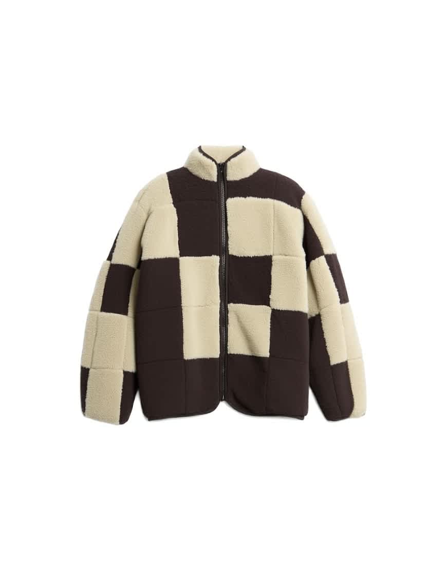 Topshop borg checkerboard fleece with quilted lining jacket in brown and cream