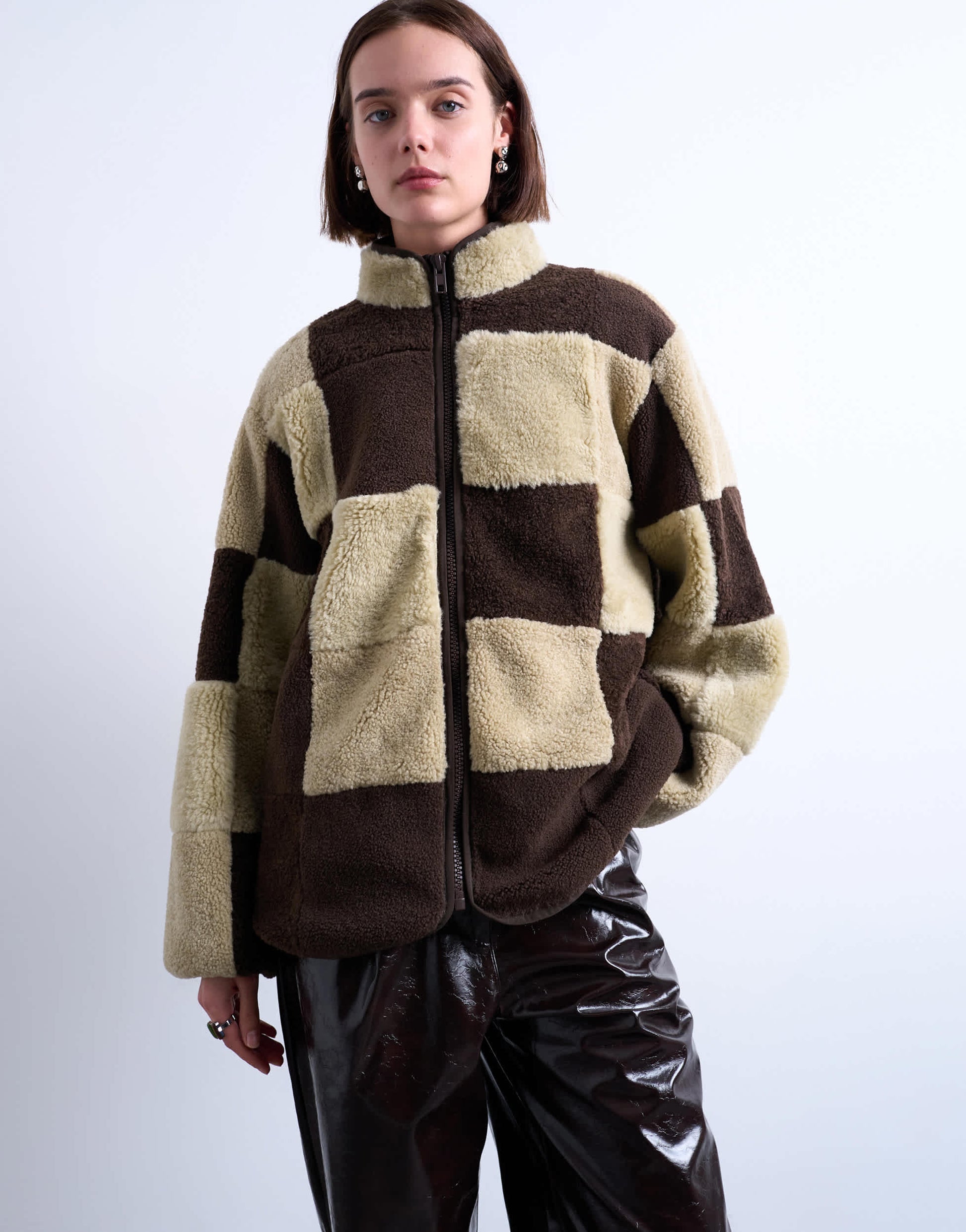 Topshop borg checkerboard fleece with quilted lining jacket in brown and cream