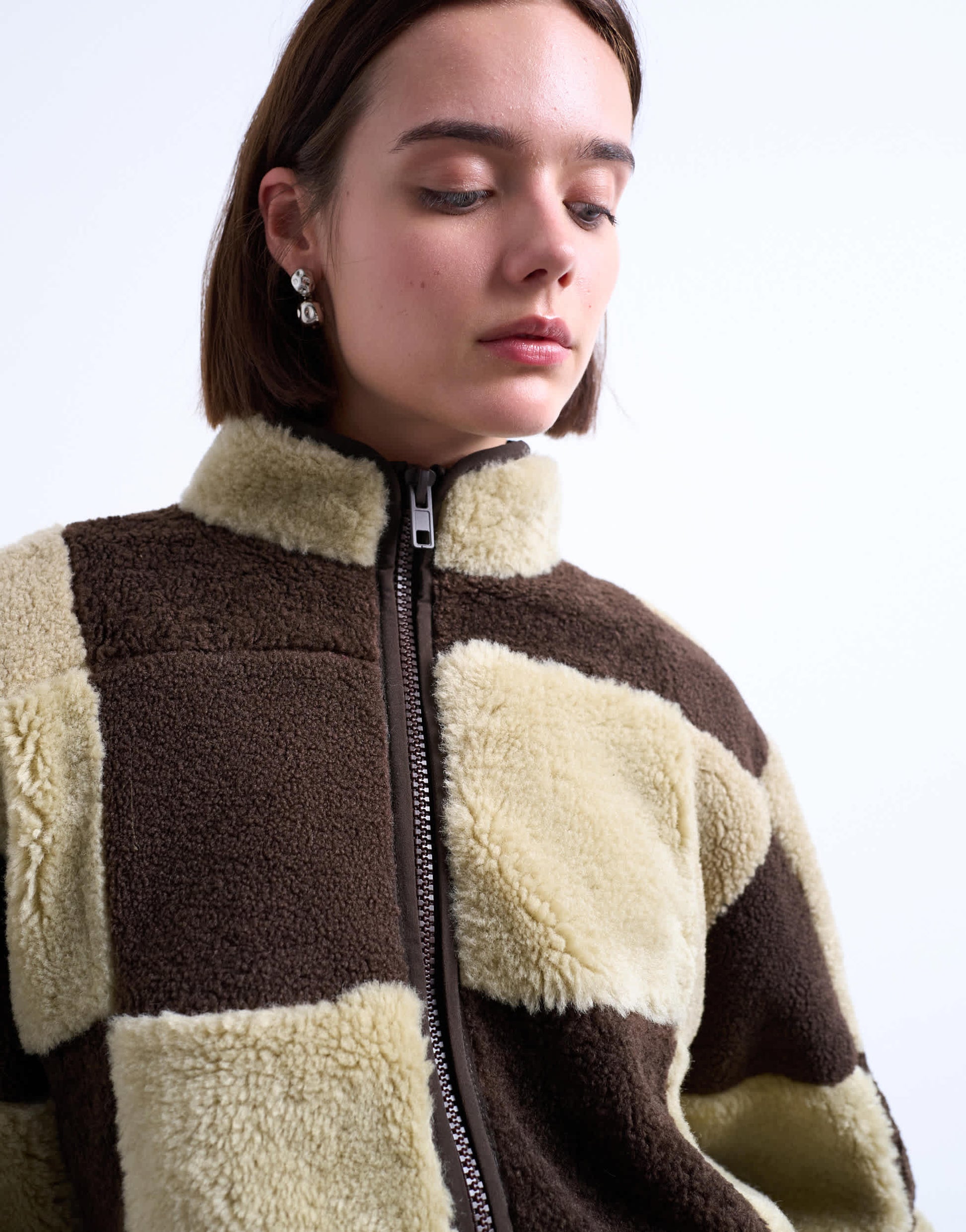 Topshop borg checkerboard fleece with quilted lining jacket in brown and cream
