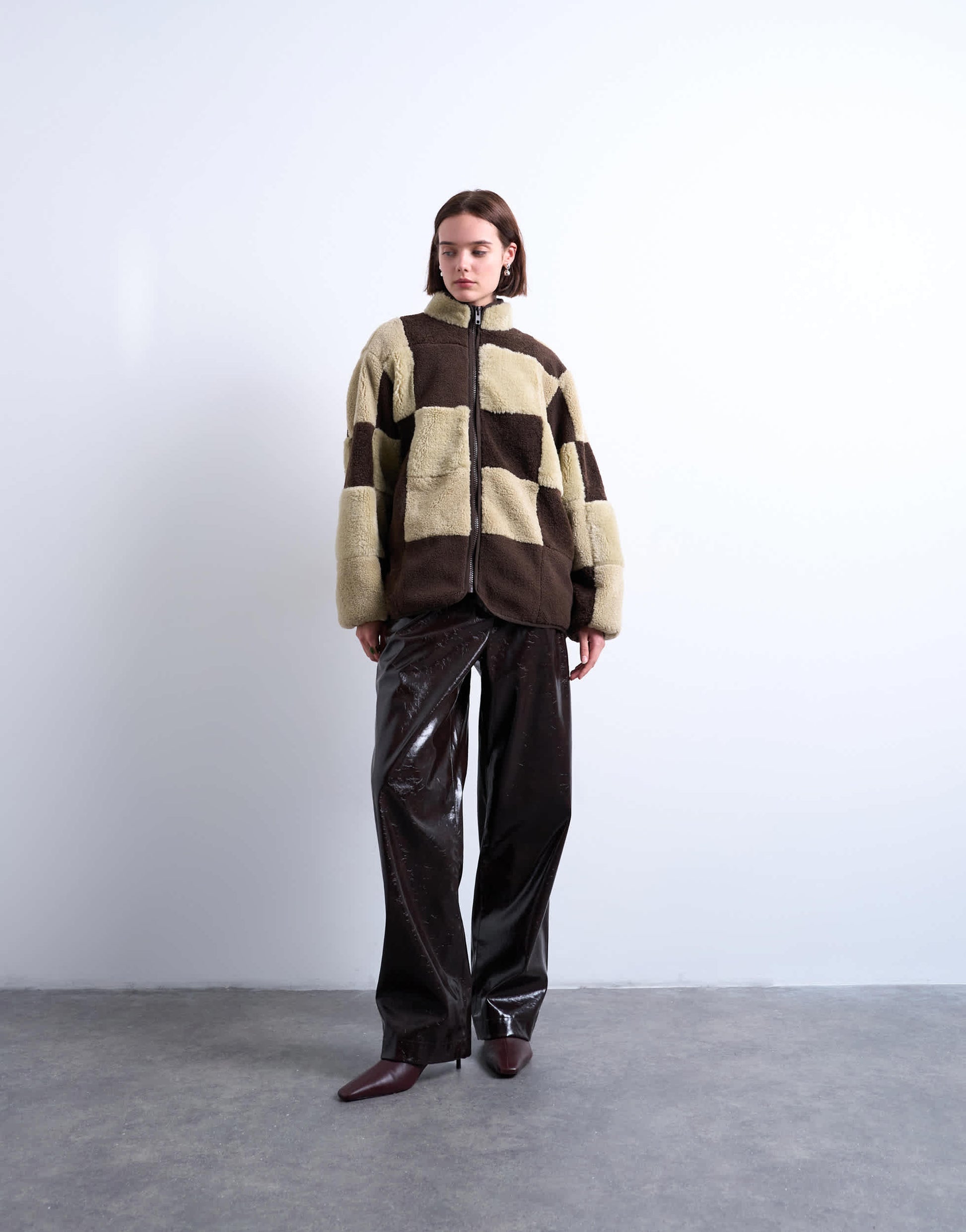 Topshop borg checkerboard fleece with quilted lining jacket in brown and cream