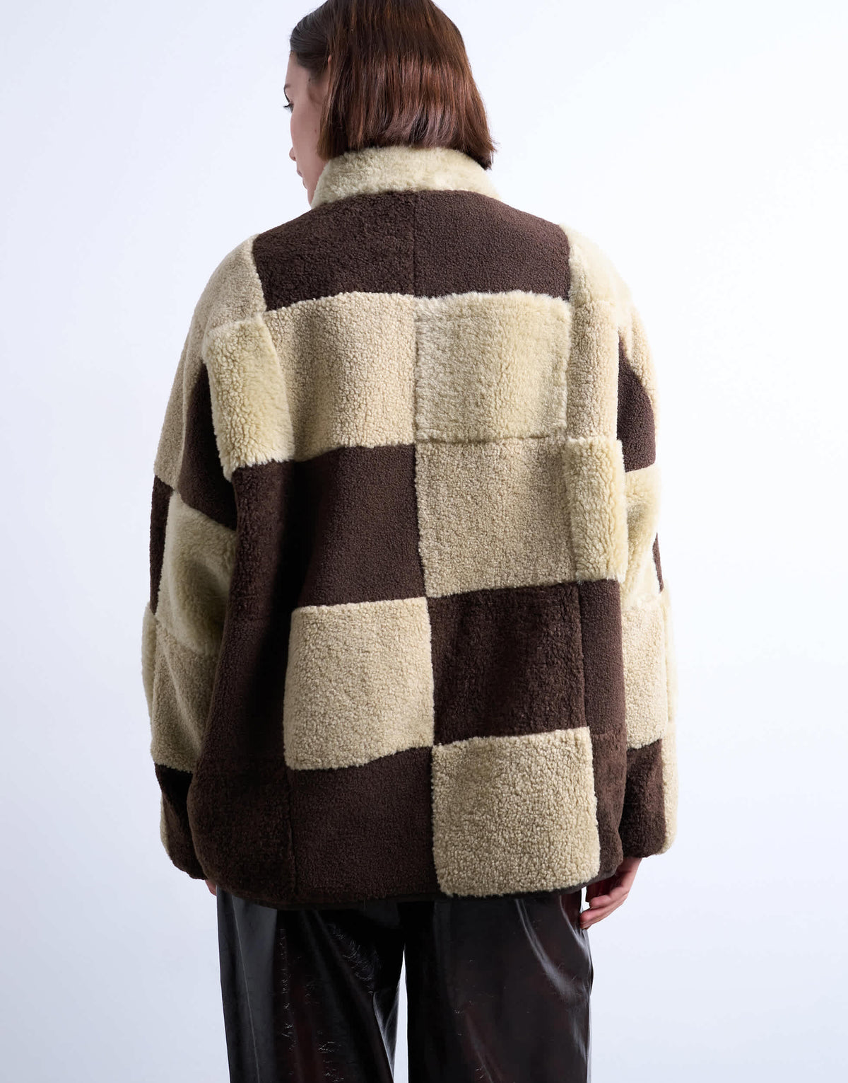 Topshop borg checkerboard fleece with quilted lining jacket in brown and cream