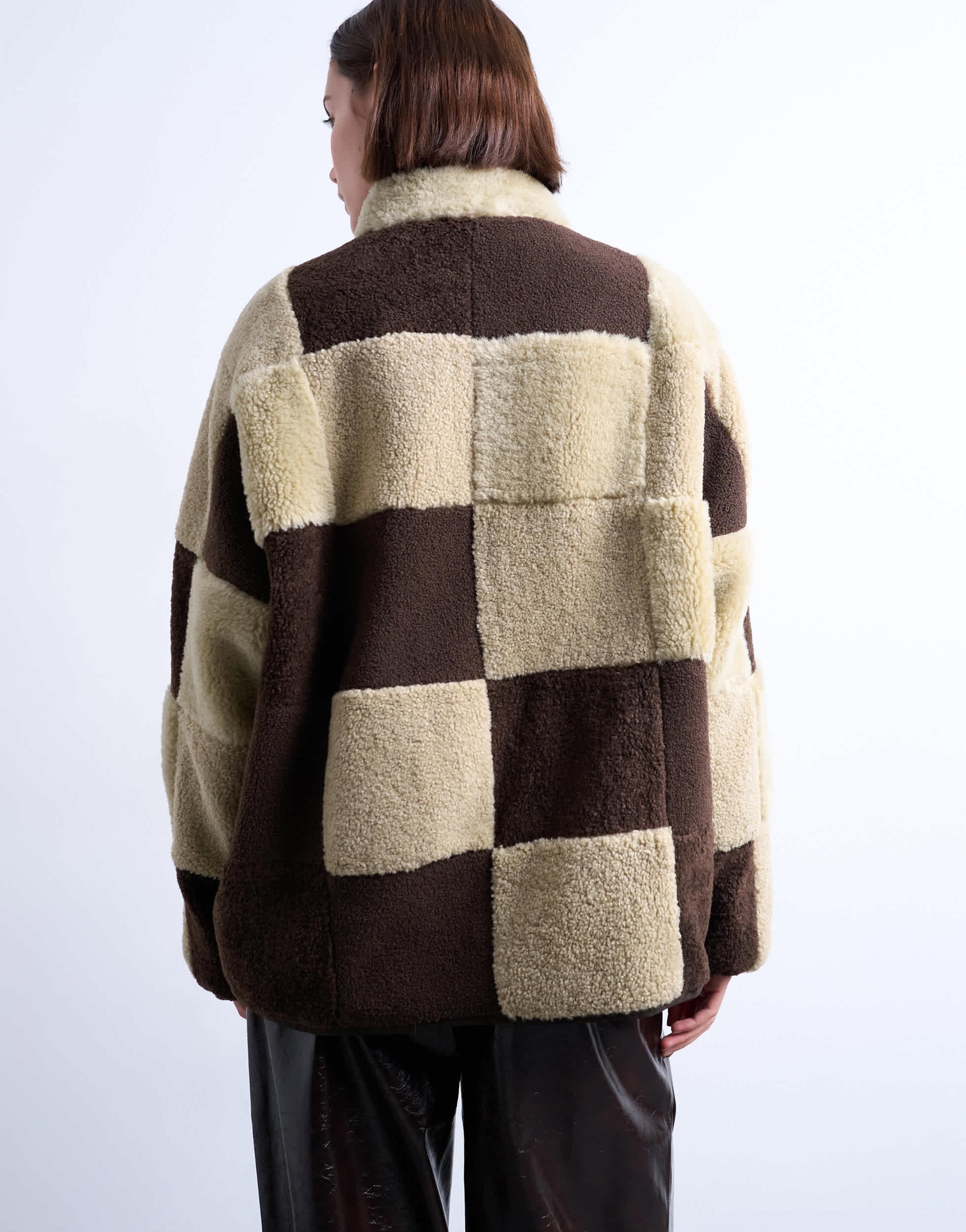 Topshop borg checkerboard fleece with quilted lining jacket in brown and cream