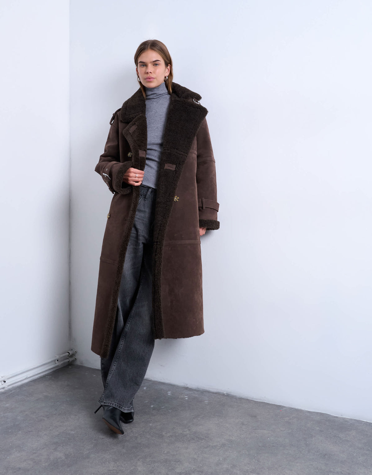 Topshop longline funnel aviator shearling in chocolate
