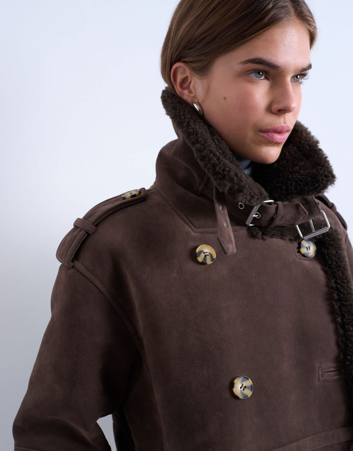 Topshop longline funnel aviator shearling in chocolate