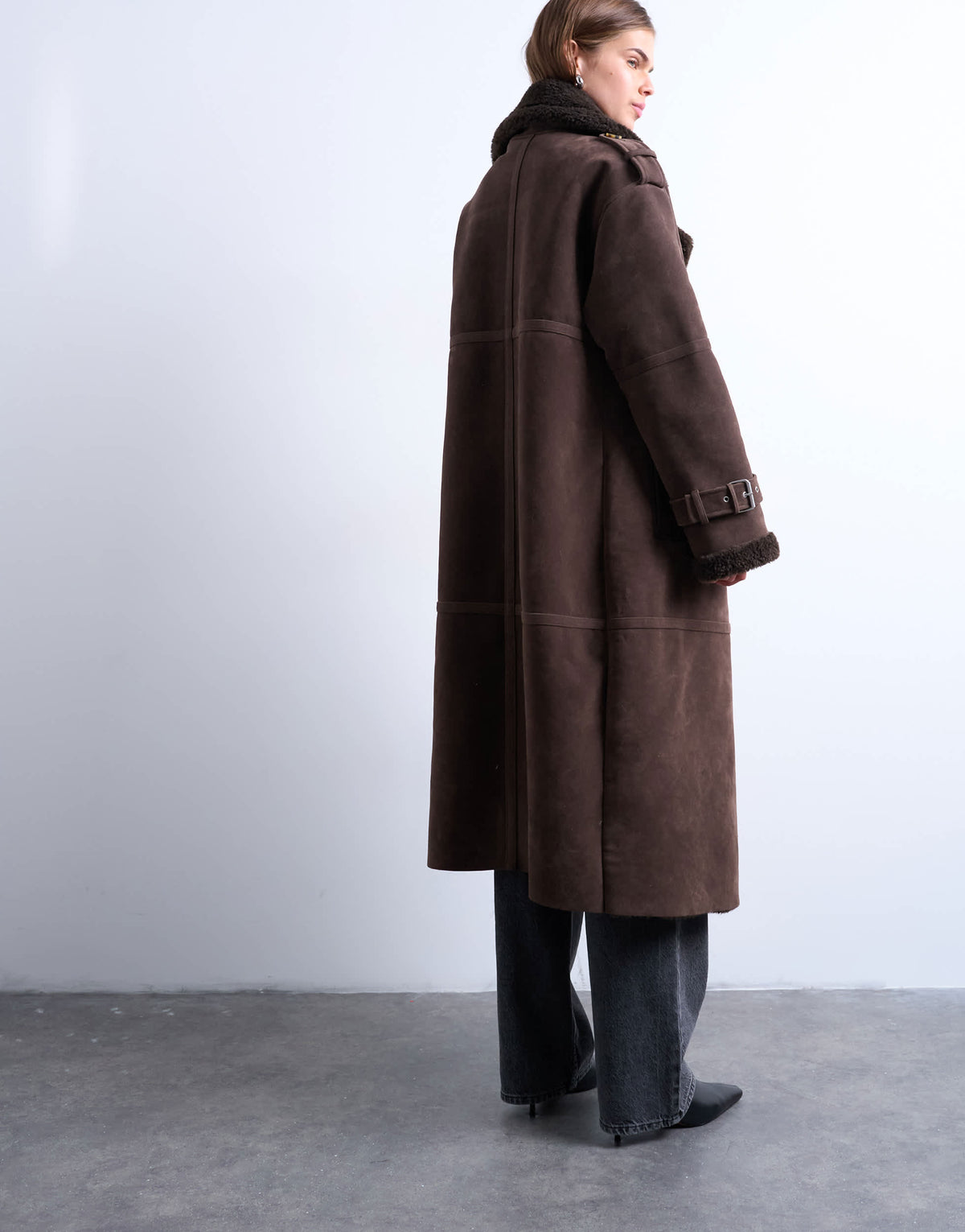 Topshop longline funnel aviator shearling in chocolate