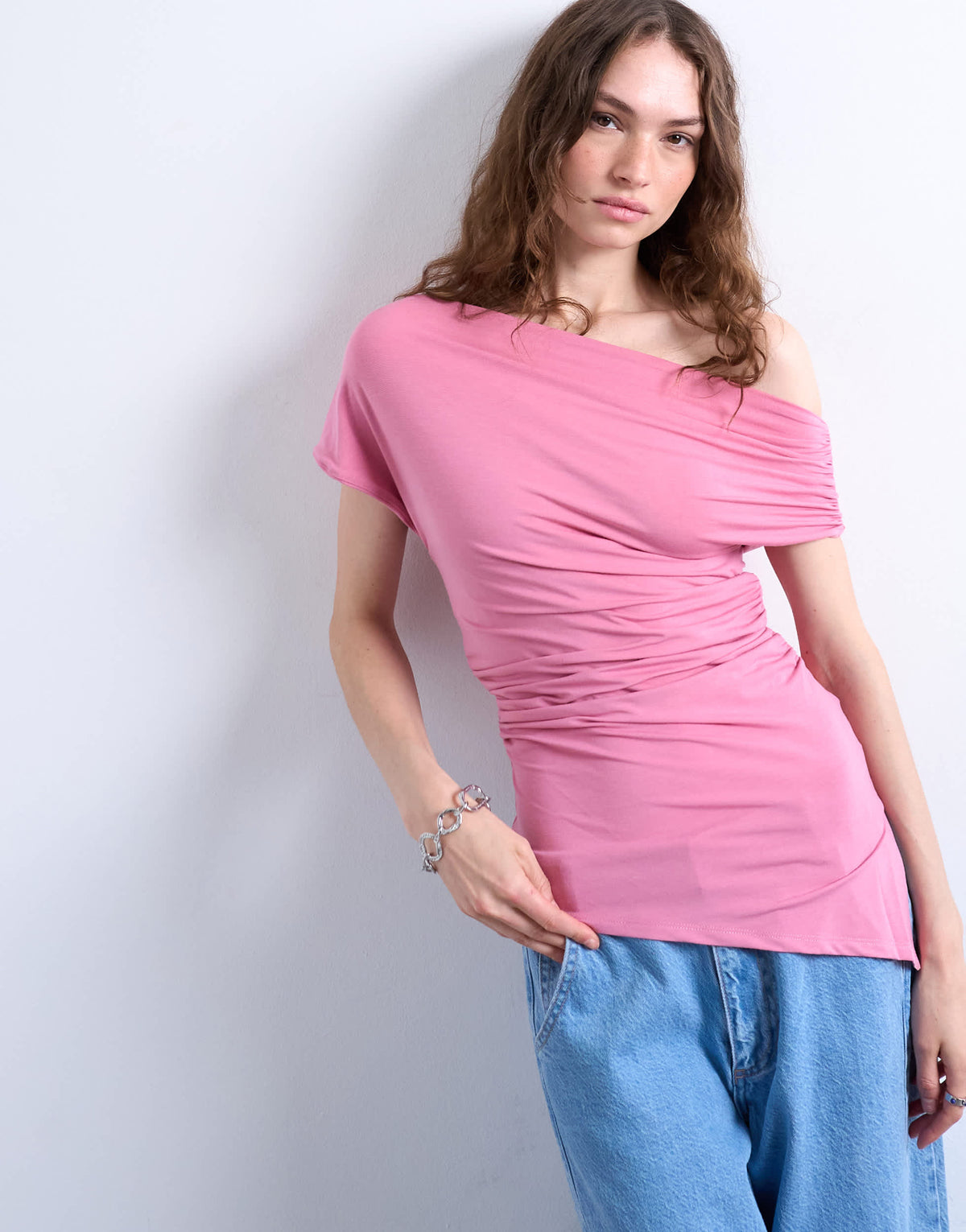 Topshop asymmetric one shoulder top in pink
