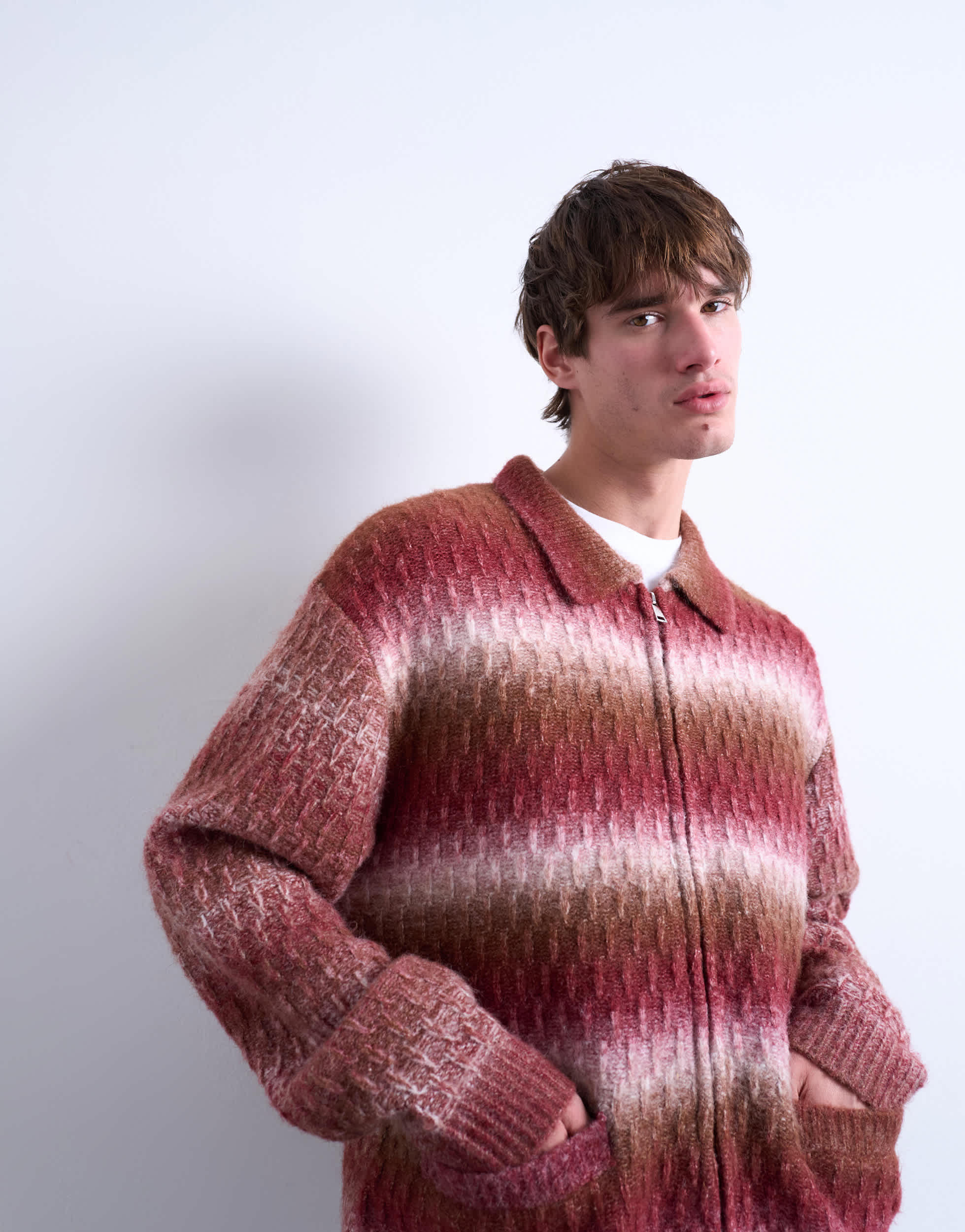 Topman knitted blend zip through cardigan in brown