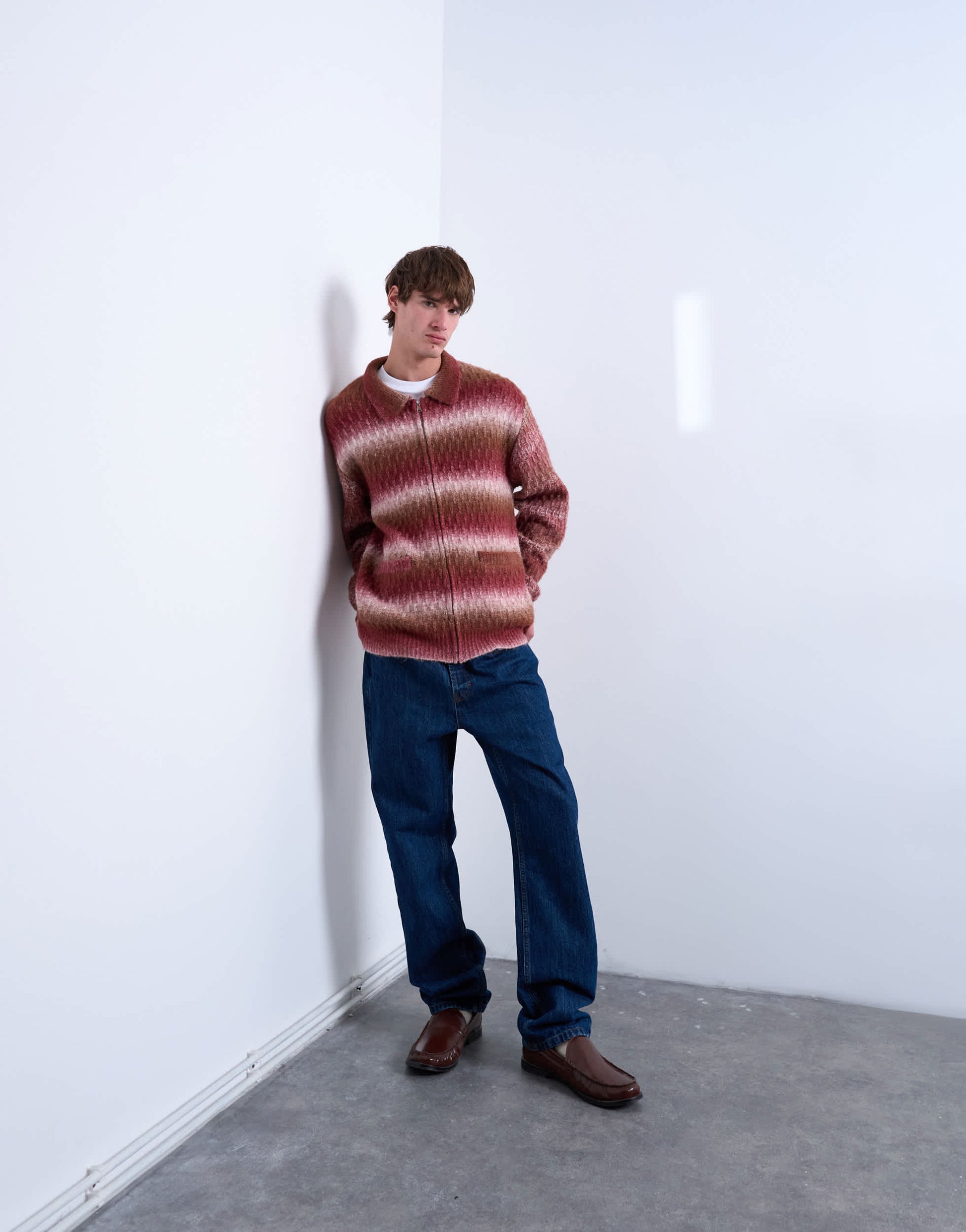 Topman knitted blend zip through cardigan in brown